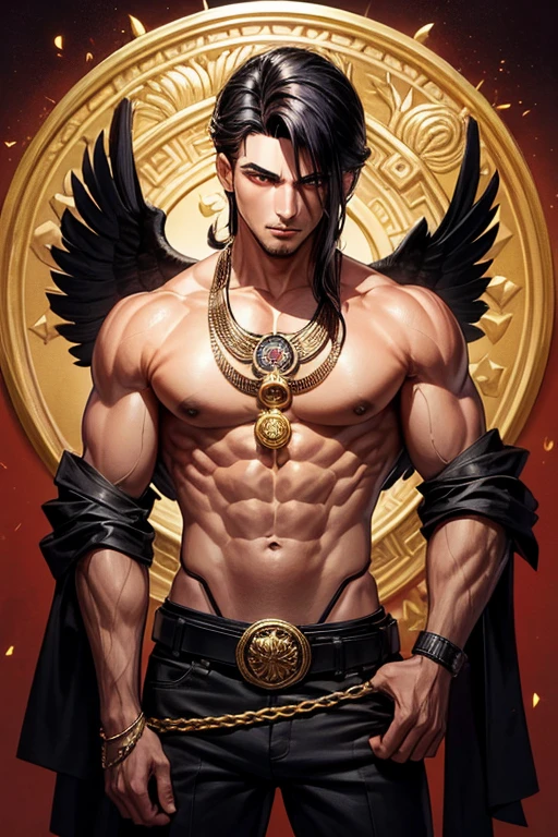 Chico de cabello negro, camisa de color negro, black pants, leather belt, ojos marrones, alas de cuervo en la espalda, plumas negras con puntas rojas, muscular complexion, thin golden aztec medallion.vendaje rojo en el brazo