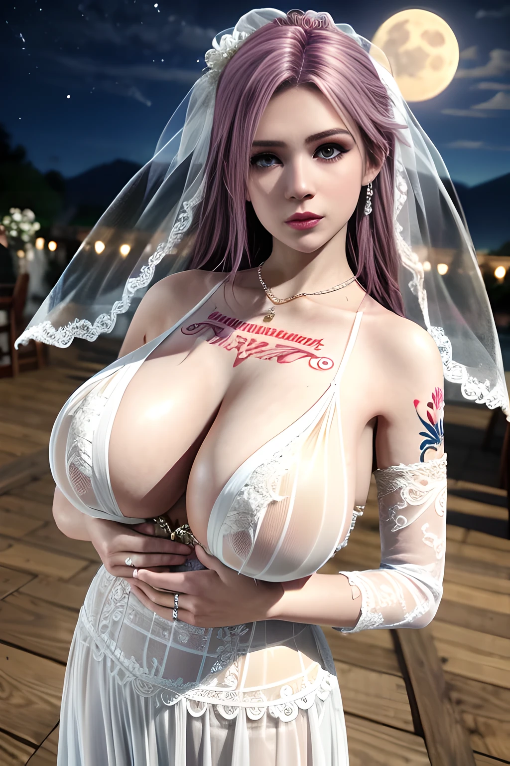 1 girl,lean over WINK,(( Wedding Dress, see-through)), outdoor,elegant,nighttime,moonlighe,shiny skin,( huge breasts:1.1), lip gloss,( tattoos:1.3), masterpiece, best quality, realistic ,Surrealism,natural colors art in 8k,soft shadows,Portrait art,solo, elise,