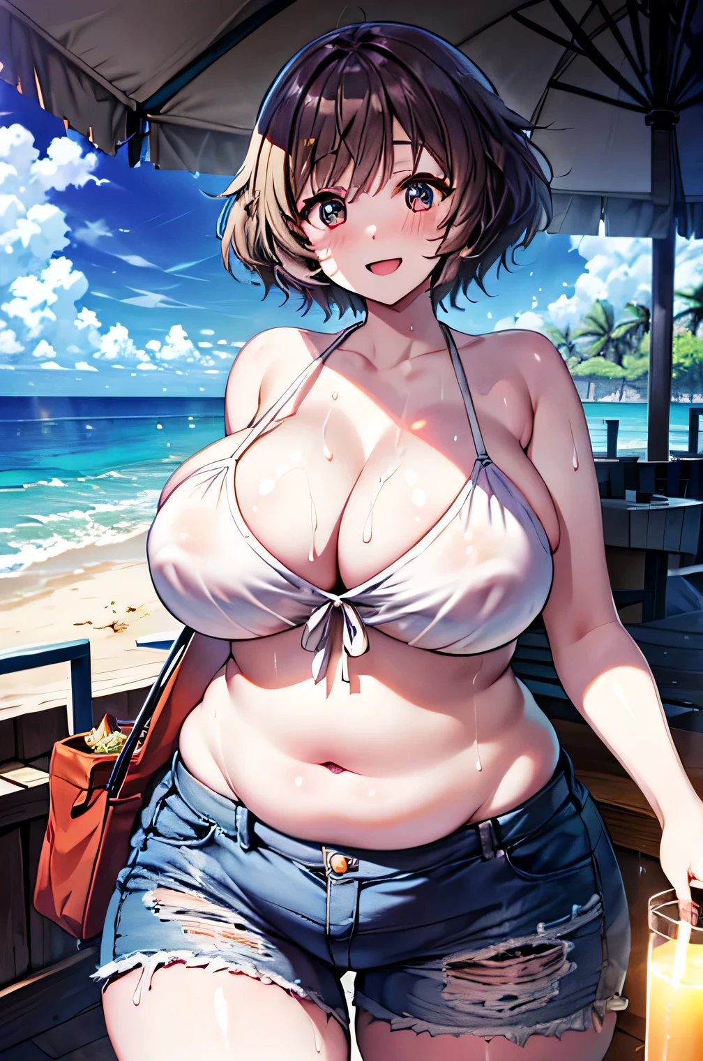 Anime illustration、highest quality、A short and plump high school girl、Tropical resort boulevard、market、Tube top、hot pants、Perfect proportions、overwhelmingly big breasts、Thick legs、Beautiful, shining eyes、Cowboy Shot、smile、Excessive sweating、Noise Reduction