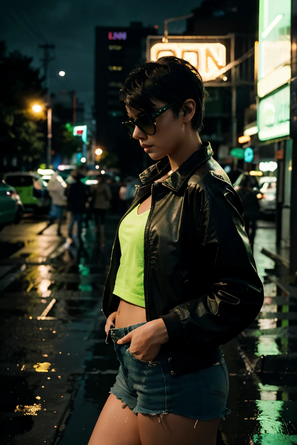 DSLR photo, side view of a woman with short black hair standing in front of a green neon sign, sunglasses, jacket, in the rain, NeonNoir, hard shadow, masterpiece, best quality, Intricate, High Detail, 8k, modelshoot style, film grain