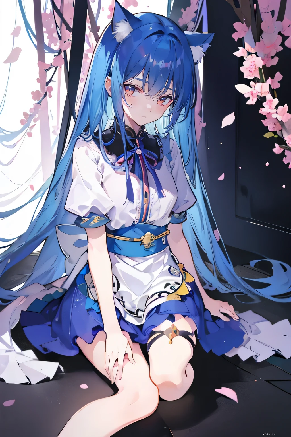 (masterpiece:1.2),Super detailed,Practical,expressive eyes,Fair skin,Perfect face shaping,1 Girl,
Japanese cartoons,Gorgeous blue hair, the long flowing blue hair,Floating clothes,Cat ears,Petals falling,beautiful lola,Young Angel,
Hands on waist,sit elegantly on the ground,Cross your legs,Gentle and peaceful background,Cool and cozy pavilion.