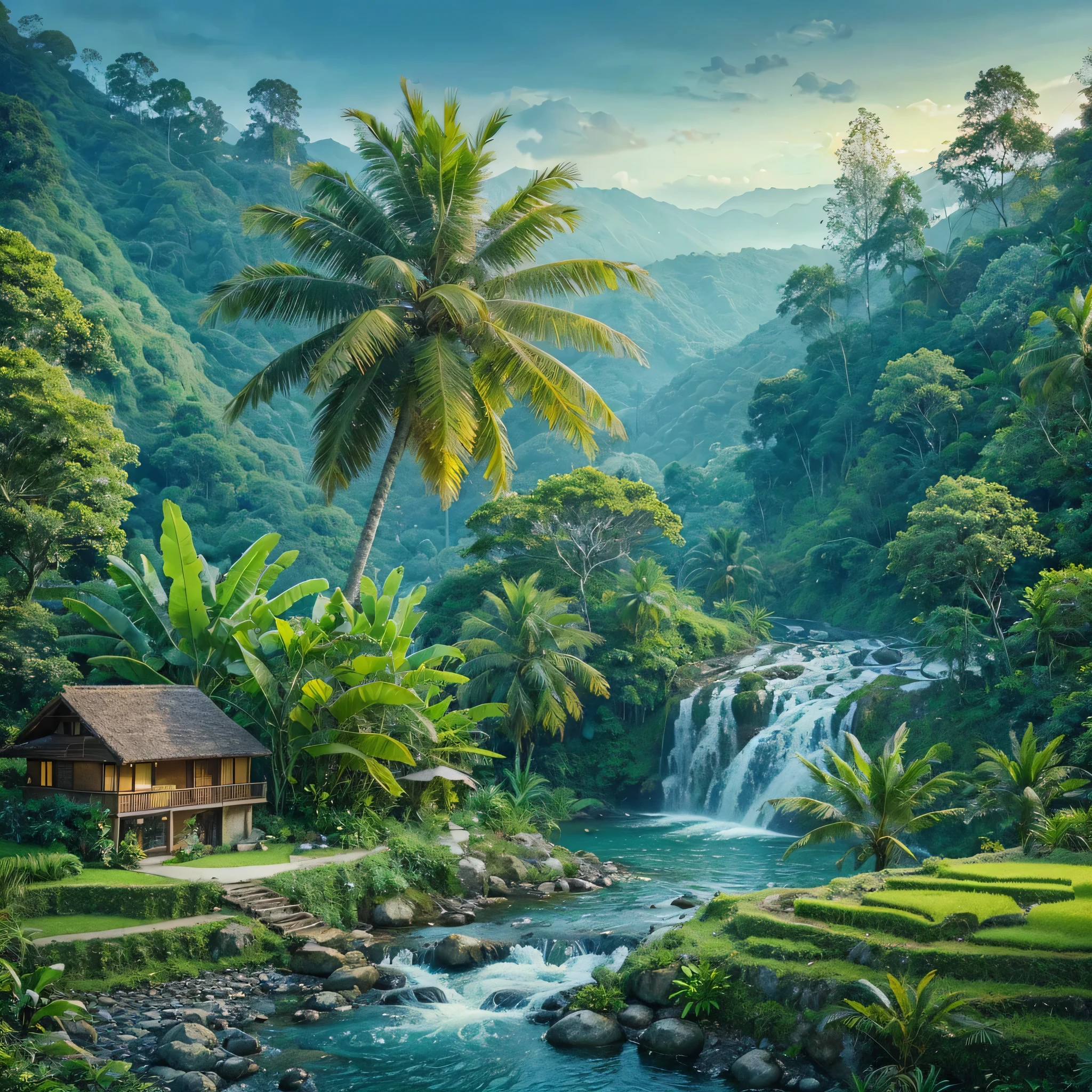 Create a hyperrealistic picture of a beautiful and enchanting view, a house located on a hillside, a coconut tree on the bank of a river with dense green leaves and lots of branches, a banana tree whose leaves are partially dry, a fern tree. small waterfall flowing with clear blue water, surrounded by rocks and plants, dark forest, green and yellow rice fields, steep hills in the background.
