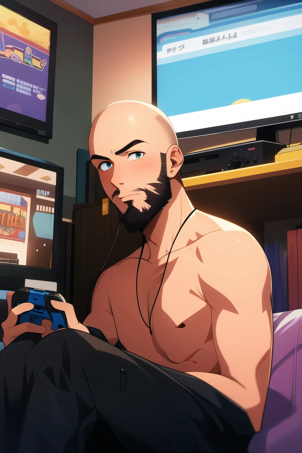 ((Masterpiece: 1.4, Best Quality))+,(Ultra Detail)+, 1 male, nsfw, naked, gaming setup, dark thick eyebrows, short messy hair, blonde, chubby, eyebags, penis, black hoodie ,pink feminine lingerie with lace