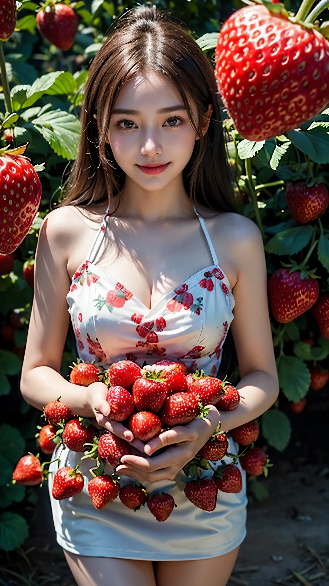 Beautiful Korean Girl, 1 Solo Girl, 20 years Girl, Beautiful Smile, ((smile: 1.2)), ((Masterpiece: 1.4)), ((Ultra HD Image quality)), ((Realistic)), 64k, Natural Human Skin, Soft skin, CG unity 8k wallpaper, ray tracing, High glow face, Superb beautiful face, High face texture, ((7D strawberry Printed beaded Sweetheart Homecoming Dress)), ((in background clear details with strawberry plants, strawberry orchards, Strawberry big fields, strawberry agricultural land, red Colour Strawberries)), standing in Strawberry orchards, beautiful angles, beautiful nature, very calm nature, peaceful nature, peaceful strawberry orchards, High resolution pictures, ((detailed girl)), ((Detailed background)), ((Detailed Face)), ((Detailed Dress)), ((detailed strawberry orchards)), ((Detailed nature)), Young Body, ((super Round Young breasts)), Perfect Figure, Slender, ((cinematic Photography, award winning photography)), ((Full body Shot)), ((Dim day light, cool Day)),