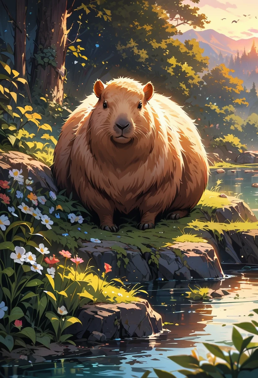 capybara, Solitary, Waterside, relaxed expression, Fluffy fur, Rich natural environment, Sunset and soft lights, Flowers and plants, Rocks and roots, Insects and small animals, Reflections on the water, Peaceful scenery, Water spray, Peaceful and leisurely life, masterpiece), (best quality), (Super detailed), irrationality, complex and detailed, Absolute resolution, Ridiculous, high resolution, texture,