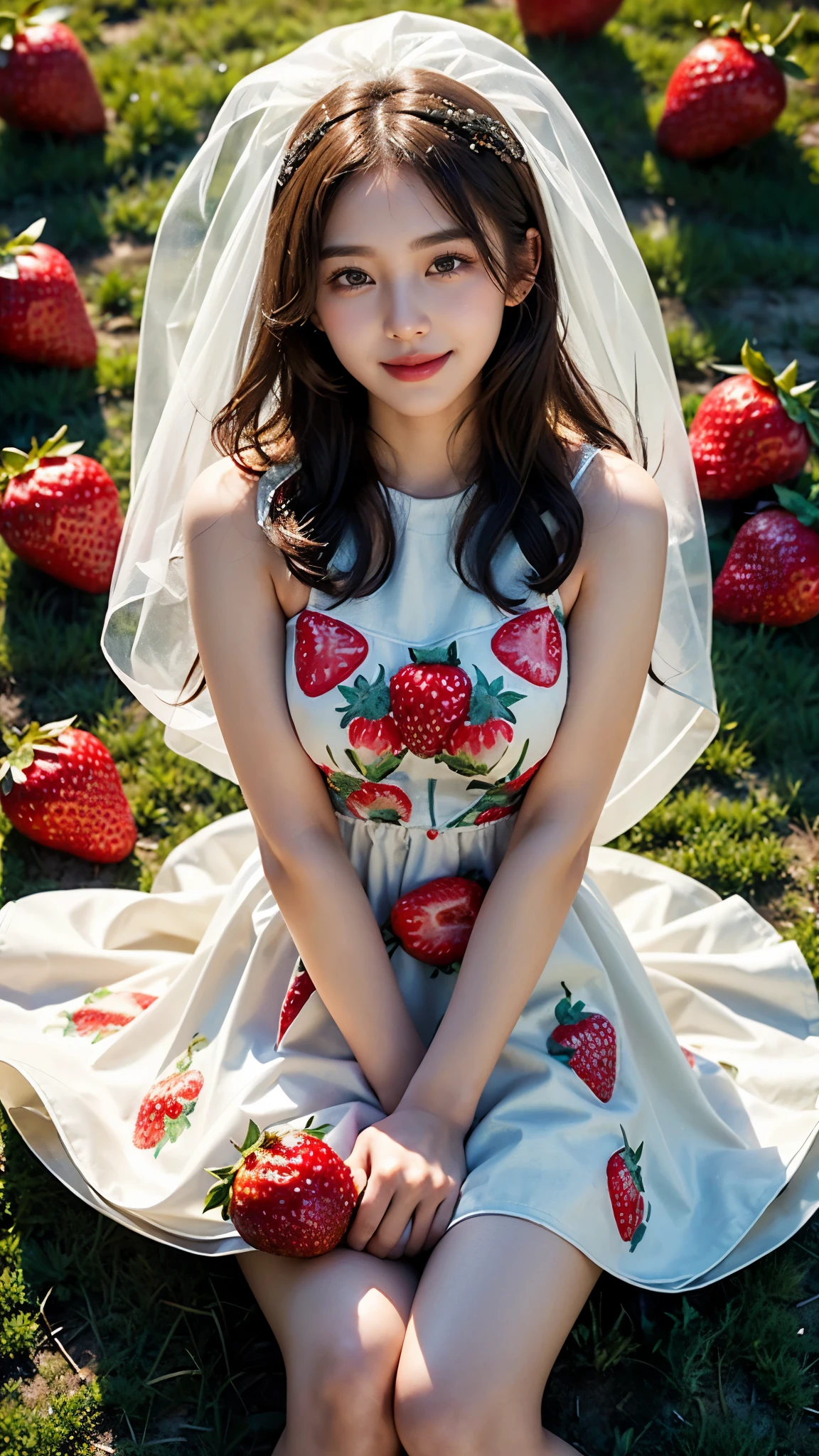 Beautiful Korean Girl, 1 Solo Girl, 20 years Girl, Beautiful Smile, ((smile: 1.2)), ((Masterpiece: 1.4)), ((Ultra HD Image quality)), ((Realistic)), 64k, Natural Human Skin, Soft skin, CG unity 8k wallpaper, ray tracing, High glow face, Superb beautiful face, High face texture, ((7D strawberry Printed beaded Sweetheart Homecoming Dress)), ((in background clear details with strawberry plants, strawberry orchards, Strawberry big fields, strawberry agricultural land, red Colour Strawberries)), standing in Strawberry orchards, beautiful angles, beautiful nature, very calm nature, peaceful nature, peaceful strawberry orchards, High resolution pictures, ((detailed girl)), ((Detailed background)), ((Detailed Face)), ((Detailed Dress)), ((detailed strawberry orchards)), ((Detailed nature)), Young Body, ((super Round Young breasts)), Perfect Figure, Slender, ((cinematic Photography, award winning photography)), ((Full body Shot)), ((Dim day light, cool Day)),