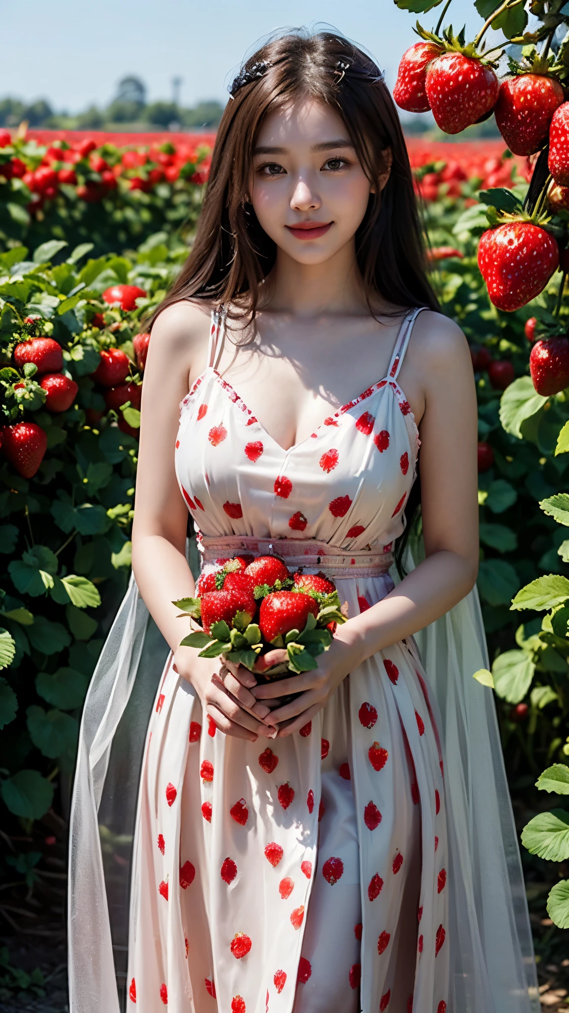 Junte-se a uma mulher alegre comemorando em meio a campos de morango, vestida com roupas alegres com tema de morango. With ripe strawberry baskets and festive decorations, This feast captures the essence of fruity joy.