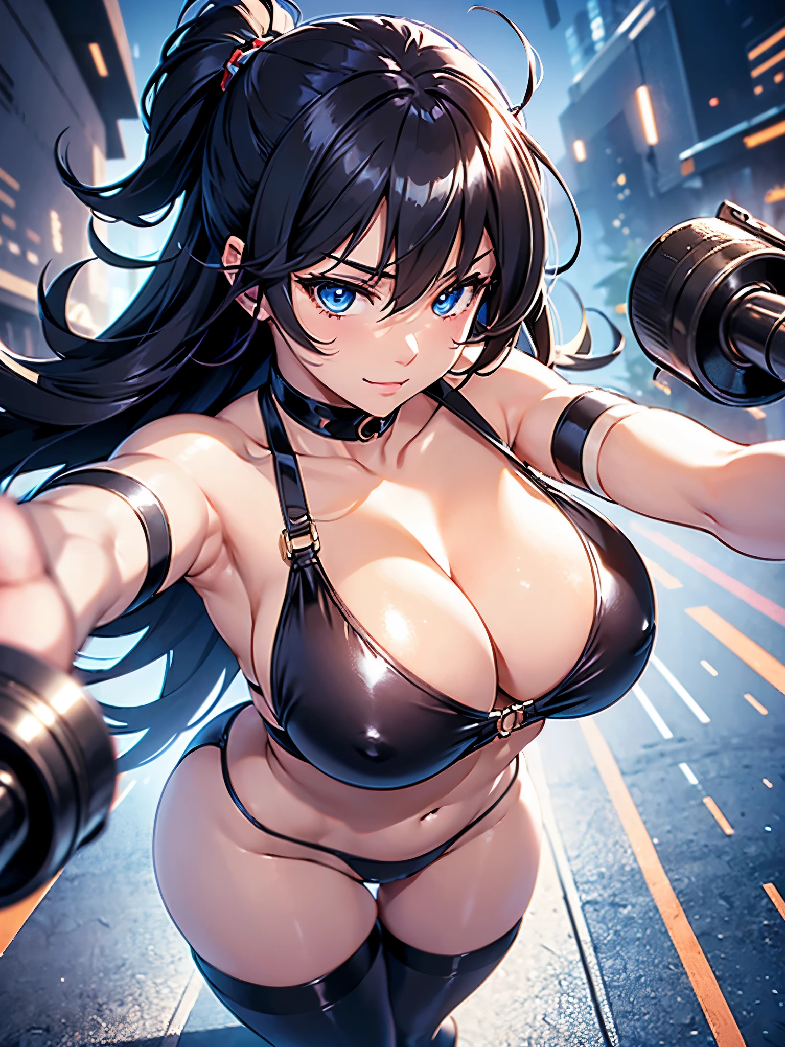 ((1 lady))、((Combative posing:1.5)), ((fighting stance:1.2))、((dynamism:1.3))、((dynamic angle:1.2))、((Hover effect:1.4))、from above、ultra-detailliert, Top image quality, digitial illustration, Seductive Anime Girl, Glossy realistic skin texture、Meticulously drawn hair, Meticulously drawn eye, Sharp Focus, Precise human body structure、Smooth texture、((Holding a big Heavy artillery:1.4, armament:1.3))、((bazooka and gatling gun and rocket launcher))、((Being in battle field:1.4))、((seductive smile))、((latex micro bikini:1.3 crop top:1.3))、((sleeveless))、((collarless))、((cleavage:1.3))、((crop top navel))、((highleg:1.3))、((huge breasts:1.4))、((huge hip:1.3))、((thick thighs))、curvy、((collarbone))、((cameltoe))、full body