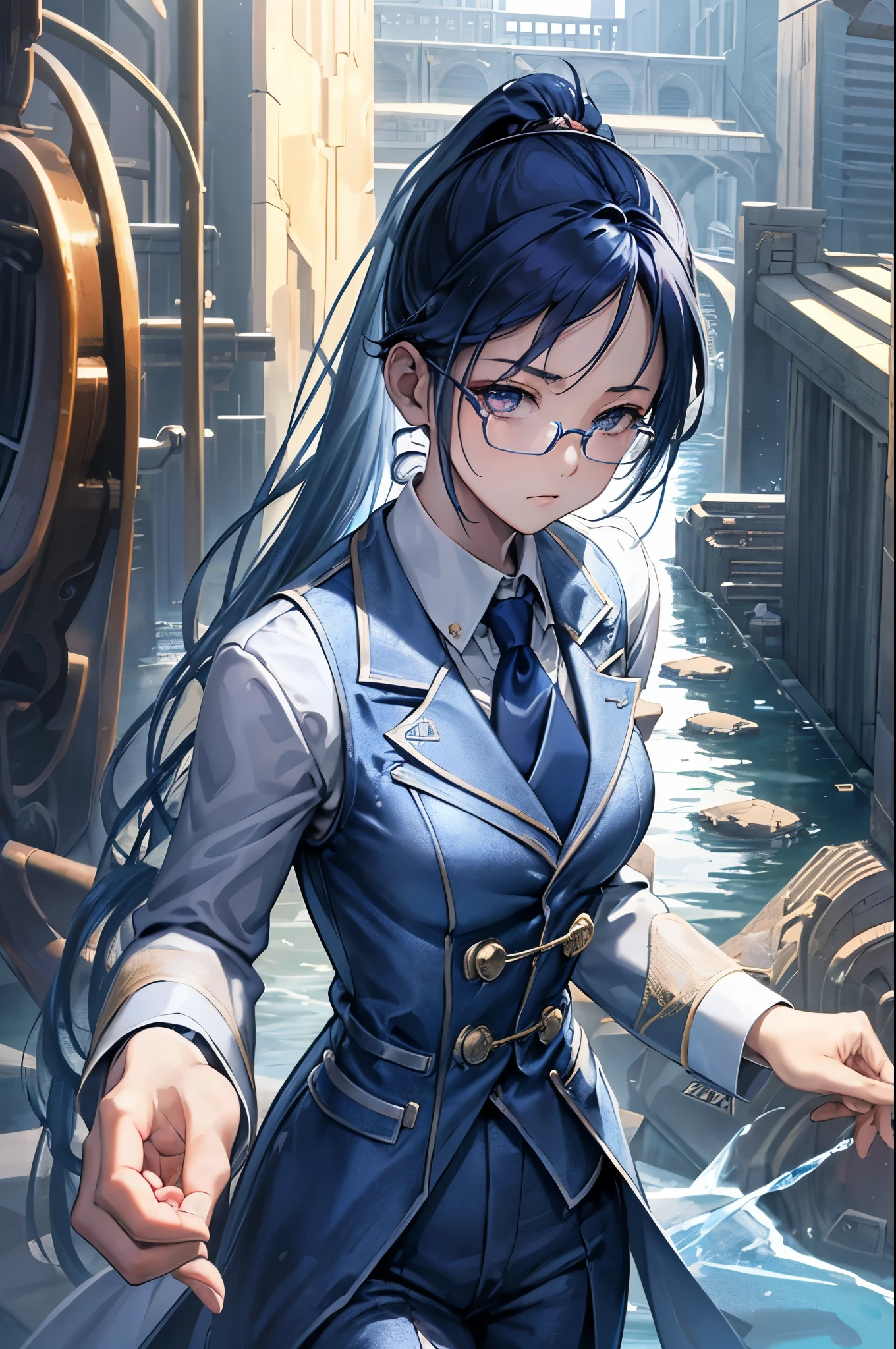 female detective, rod, single glasses, vest, overcoat, blue hair, tie, chilling, water bender, formal suit, best quality anime 16k wallpaper quality, extreme eye and body detail, high resolution , masterpieces, ultra lighting, starlight, close-up, creative, scale up, grace, short ponytail, see-through clothes, perfect body shape