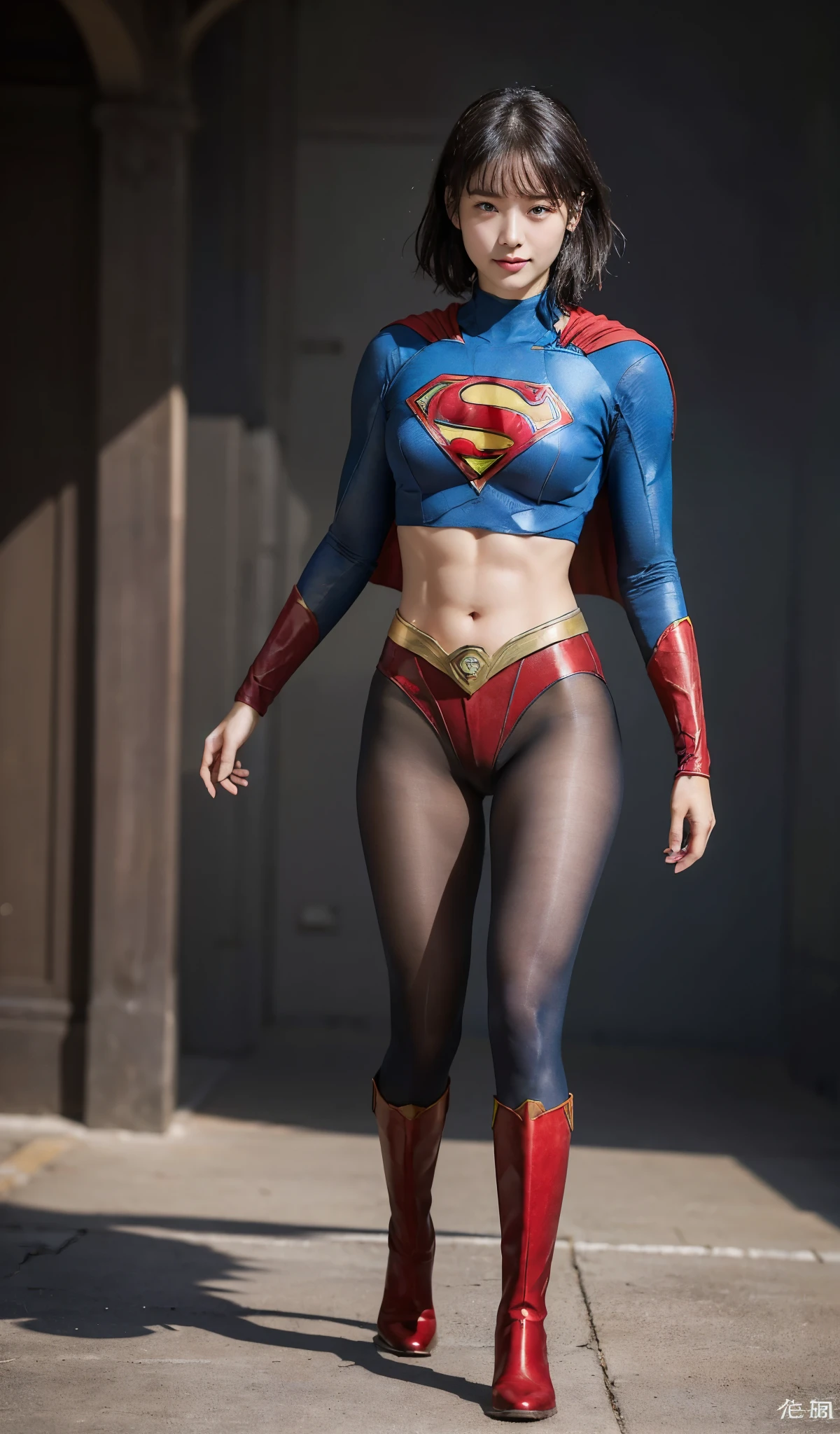 No background、(((Beautiful legs in black tights.)))、(((Legally express the beauty of your smile)))、((((Make the most of your original images)))、(((Supergirl Costume)))、(((beautiful short bob hair)))、(((suffering)))、(((Please wear black tights....、Wear red boots)))、((Best image quality、8K))、((highest quality、8K、masterpiece:1.3))、(((Preserve background )))、Sharp focus:1.2、Beautiful woman with perfect figure:1.4、Thin abdominal muscles:1.2、Wet body:1.5、Highly detailed face and skin texture、8K