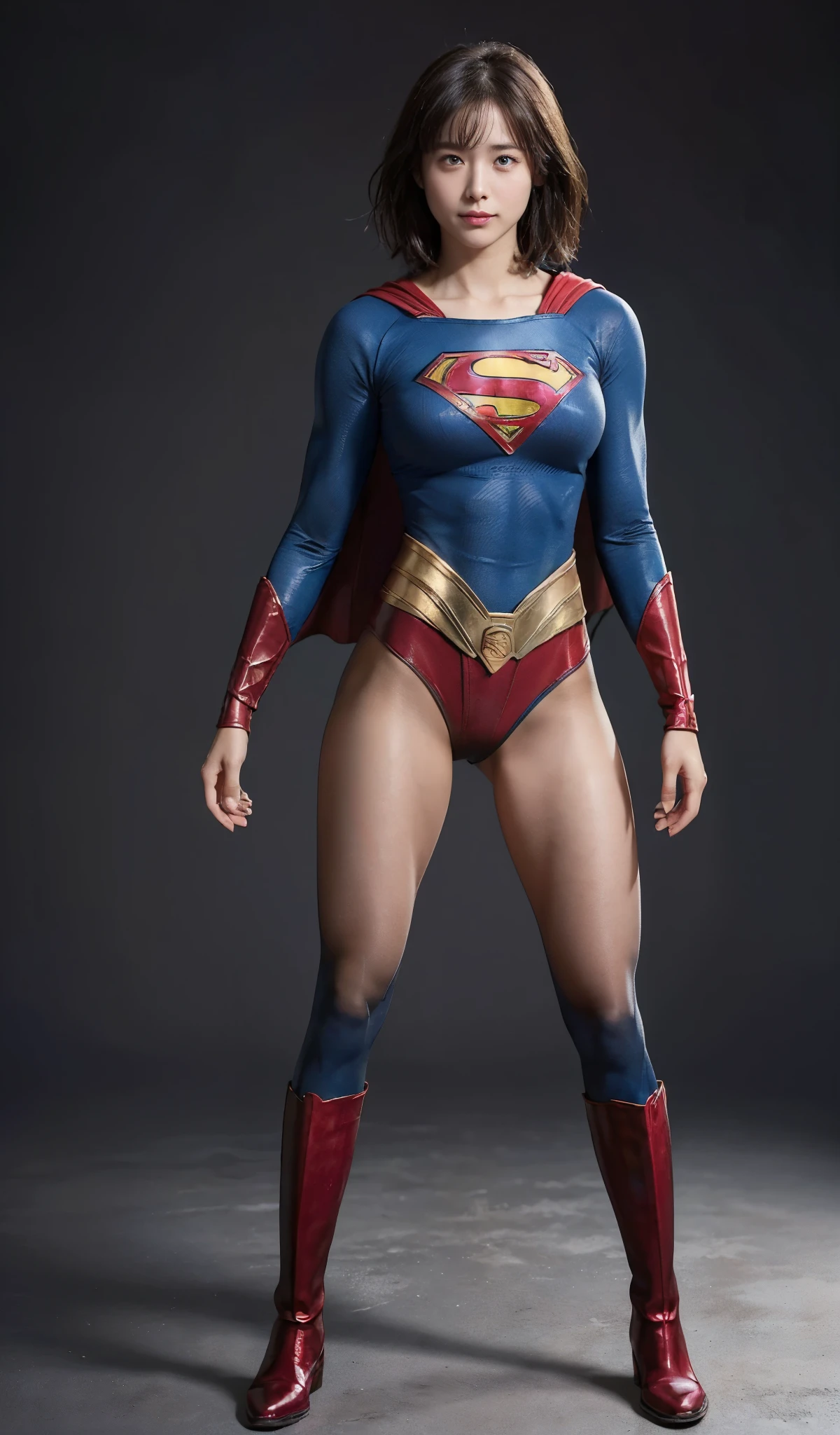 No background、(((Beautiful legs in black tights.)))、(((Legally express the beauty of your smile)))、((((Make the most of your original images)))、(((Supergirl Costume)))、(((beautiful short bob hair)))、(((suffering)))、(((Please wear black tights....、Wear red boots)))、((Best image quality、8K))、((highest quality、8K、masterpiece:1.3))、(((Preserve background )))、Sharp focus:1.2、Beautiful woman with perfect figure:1.4、Thin abdominal muscles:1.2、Wet body:1.5、Highly detailed face and skin texture、8K