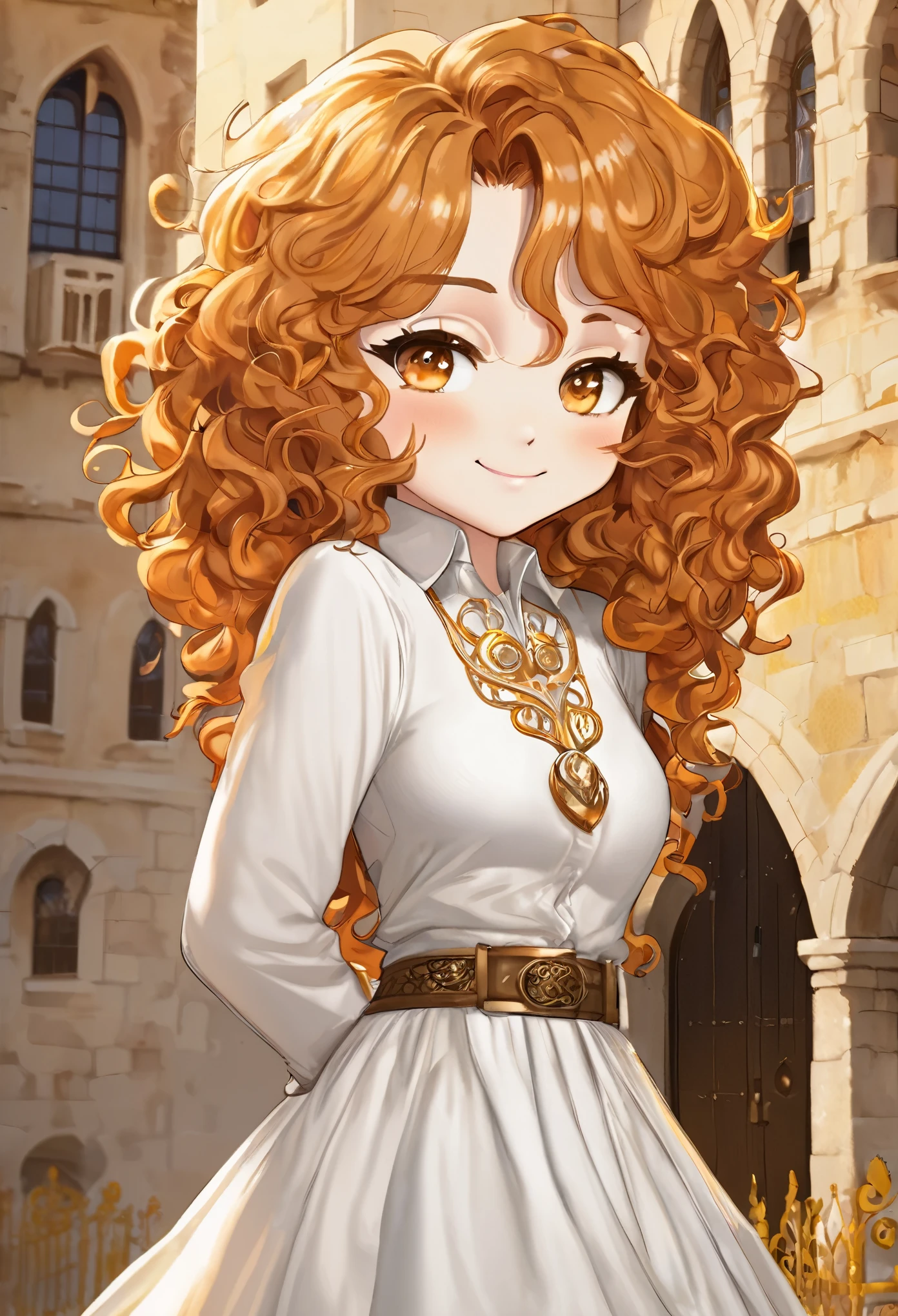 chibi, best quality, super fine, 16k, incredibly absurdres, extremely detailed, delicate, flashy and dynamic depiction, cute white woman, shy, smile, orange curly messy hair, wearing white long-sleeved and long skirt work clothes, portrait, gold eyes, background simple color, medieval western-style building