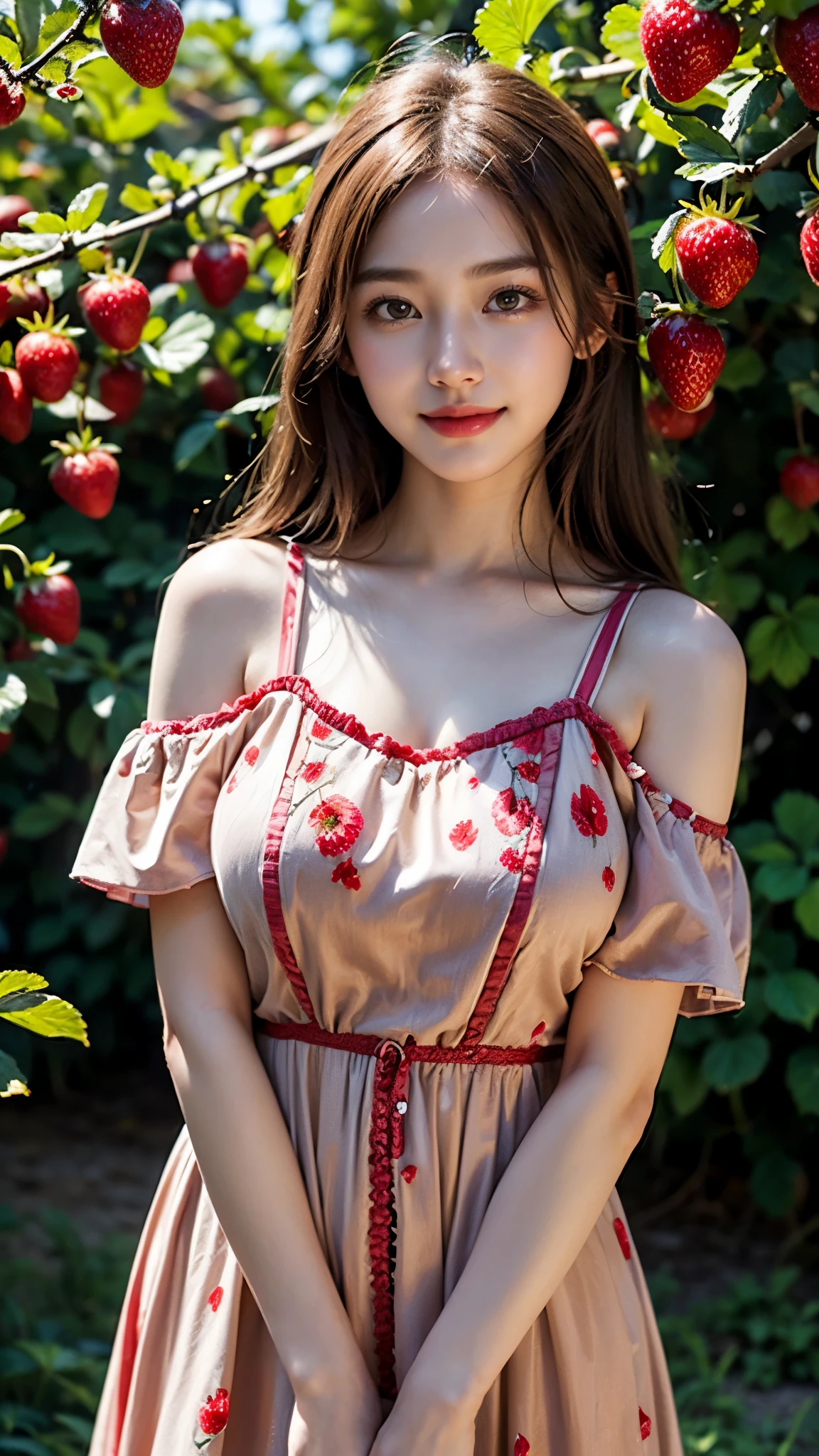 Araffe woman sitting in a strawberry basket in a field, Realistic young gravure idol, young and cute girl, Gorgeous Chinese model, Beautiful female idol gravure, Ravier, the dazzling young idol, A lovely, weary princess., Young Gravure Idol,  to dress, Dress in pink., bottom corner, beautiful asian girl, A cute, charming smile.
