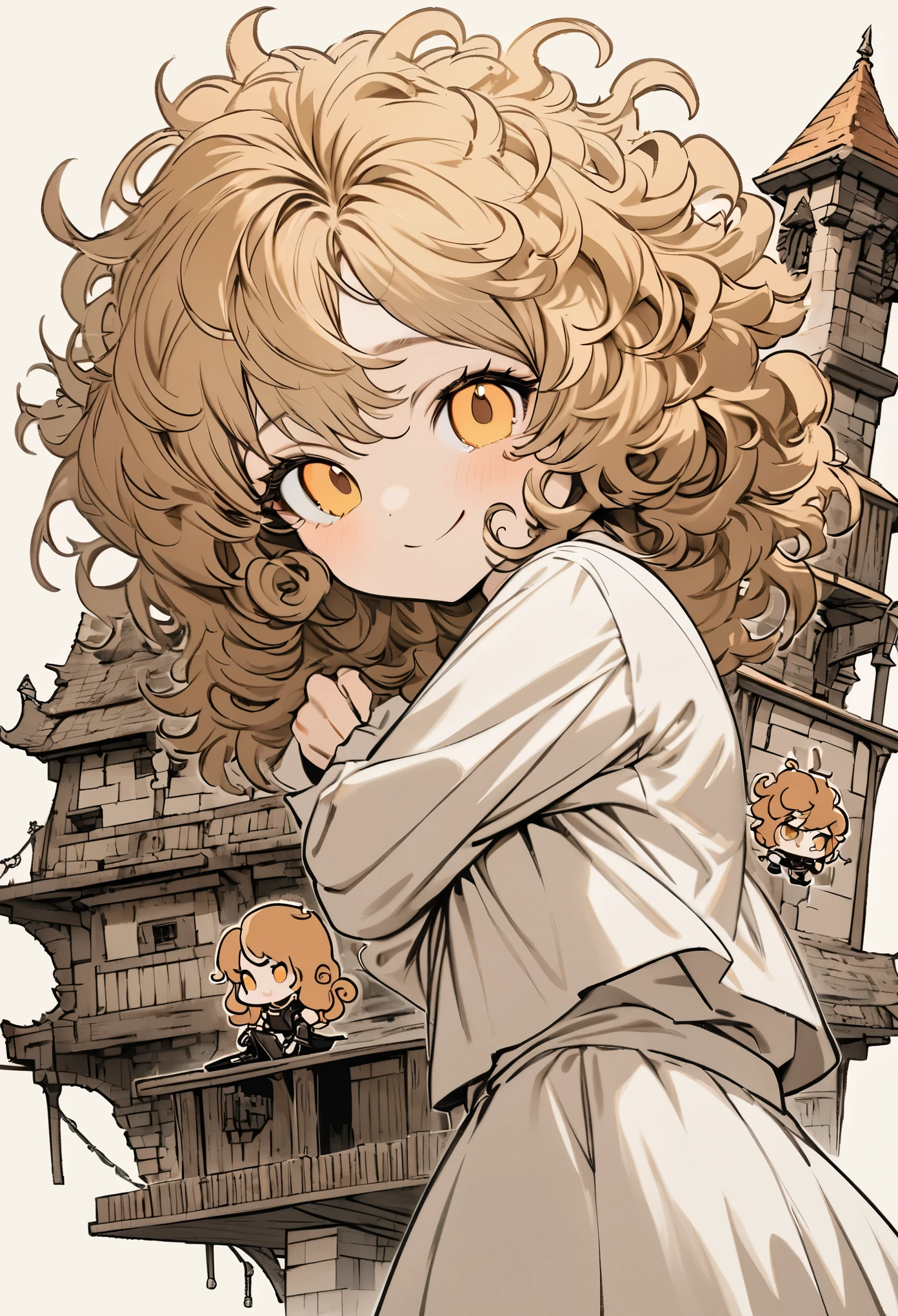 chibi, best quality, super fine, 16k, incredibly absurdres, extremely detailed, delicate, flashy and dynamic depiction, cute white woman, shy, smile, orange curly messy hair, wearing white long-sleeved and long skirt work clothes, portrait, gold eyes, background simple color, medieval western-style building