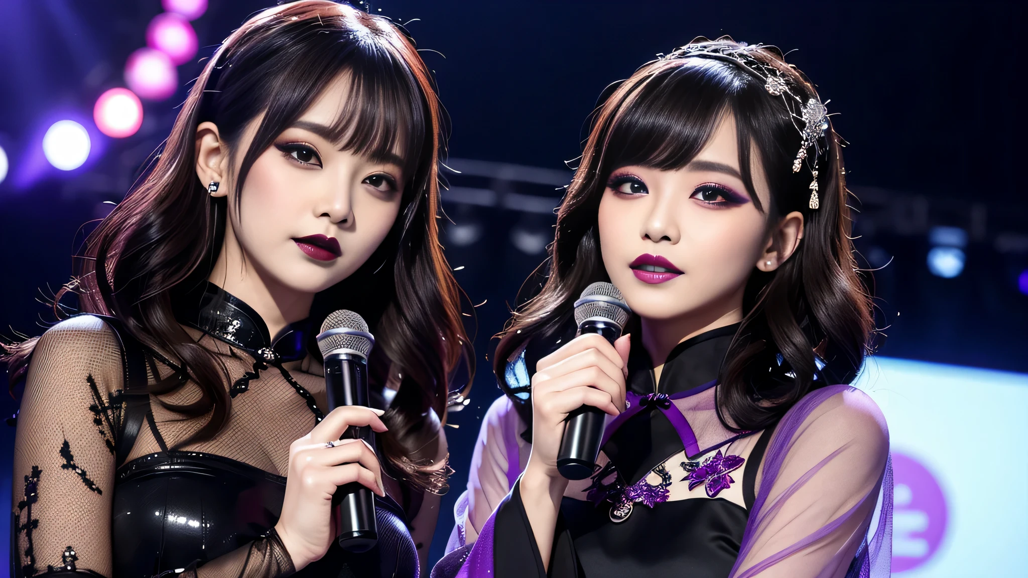 2girls、best quality、ultra-detailed、4k、Japanese、Seductive beauty、seductive adult woman、Pretty Woman、cool girl、Villainess、Brainwashed、brainwash、Fallen into evil、smirk、Evil look、Wicked Smile、evil、Brown hair、wavy hair、swept bangs、dark makeup、dark makeup、piercing eyes、hollow eyes,half-closed eyes、Hollow Eyes、Purple Eyeshadow、black lipstick、black lipglos、Long Black Cheongsam、Wide sleeves、night、inside Live stage、Applying lipstick、
