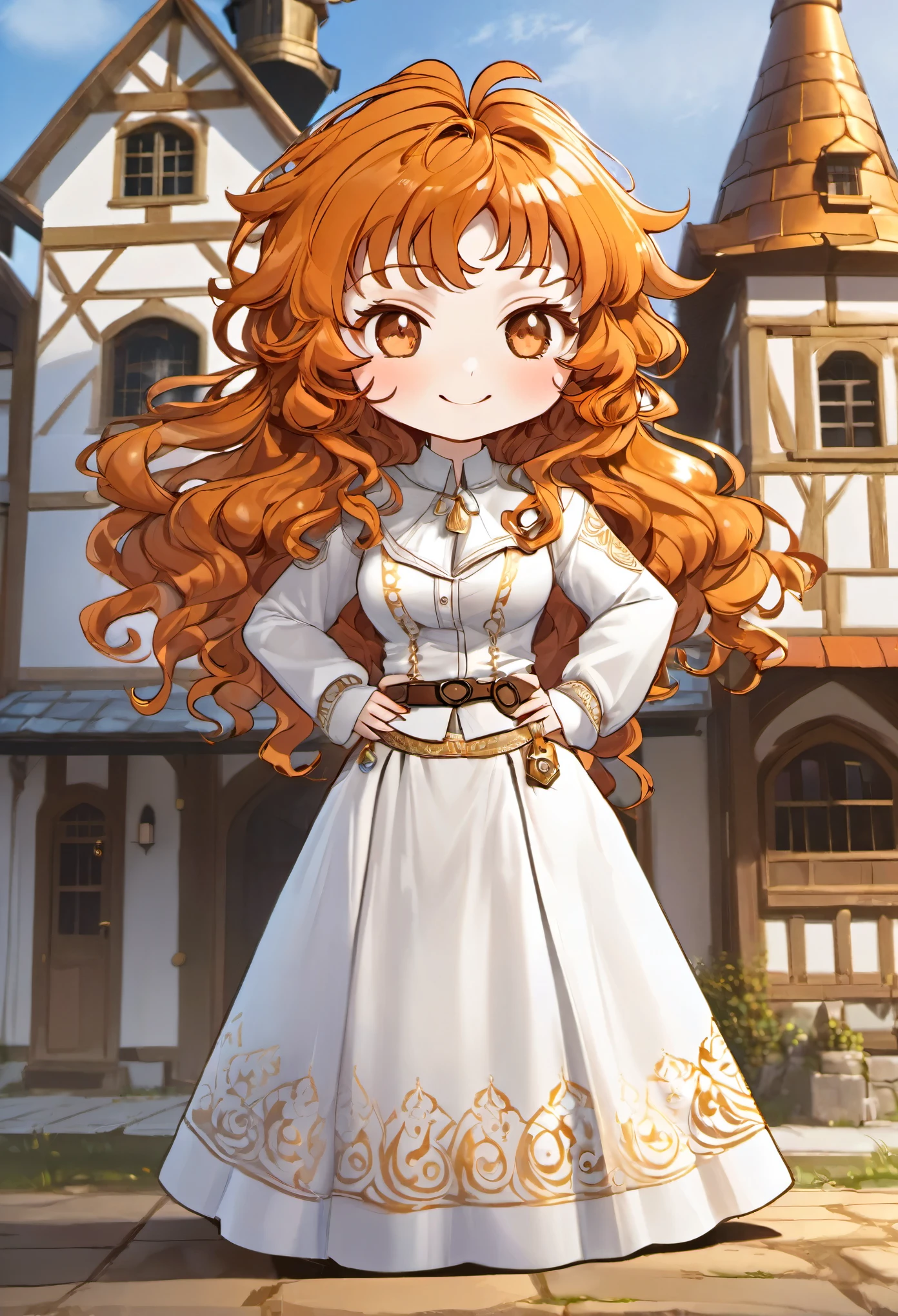 chibi, best quality, super fine, 16k, incredibly absurdres, extremely detailed, delicate, flashy and dynamic depiction, cute white woman, shy, smile, orange curly messy hair, wearing white long-sleeved and long skirt work clothes, portrait, gold eyes, background simple color, medieval western-style building