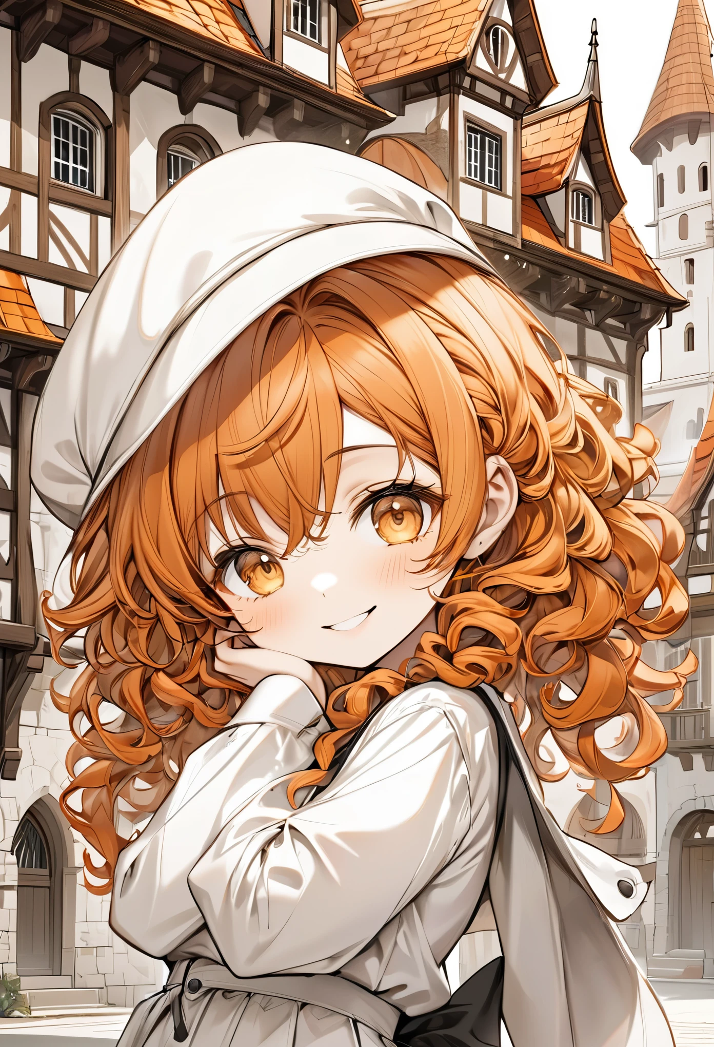 chibi, best quality, super fine, 16k, incredibly absurdres, extremely detailed, delicate, flashy and dynamic depiction, cute white woman, shy, smile, orange curly messy hair, wearing white long-sleeved and long skirt work clothes, portrait, gold eyes, background simple color, medieval western-style building