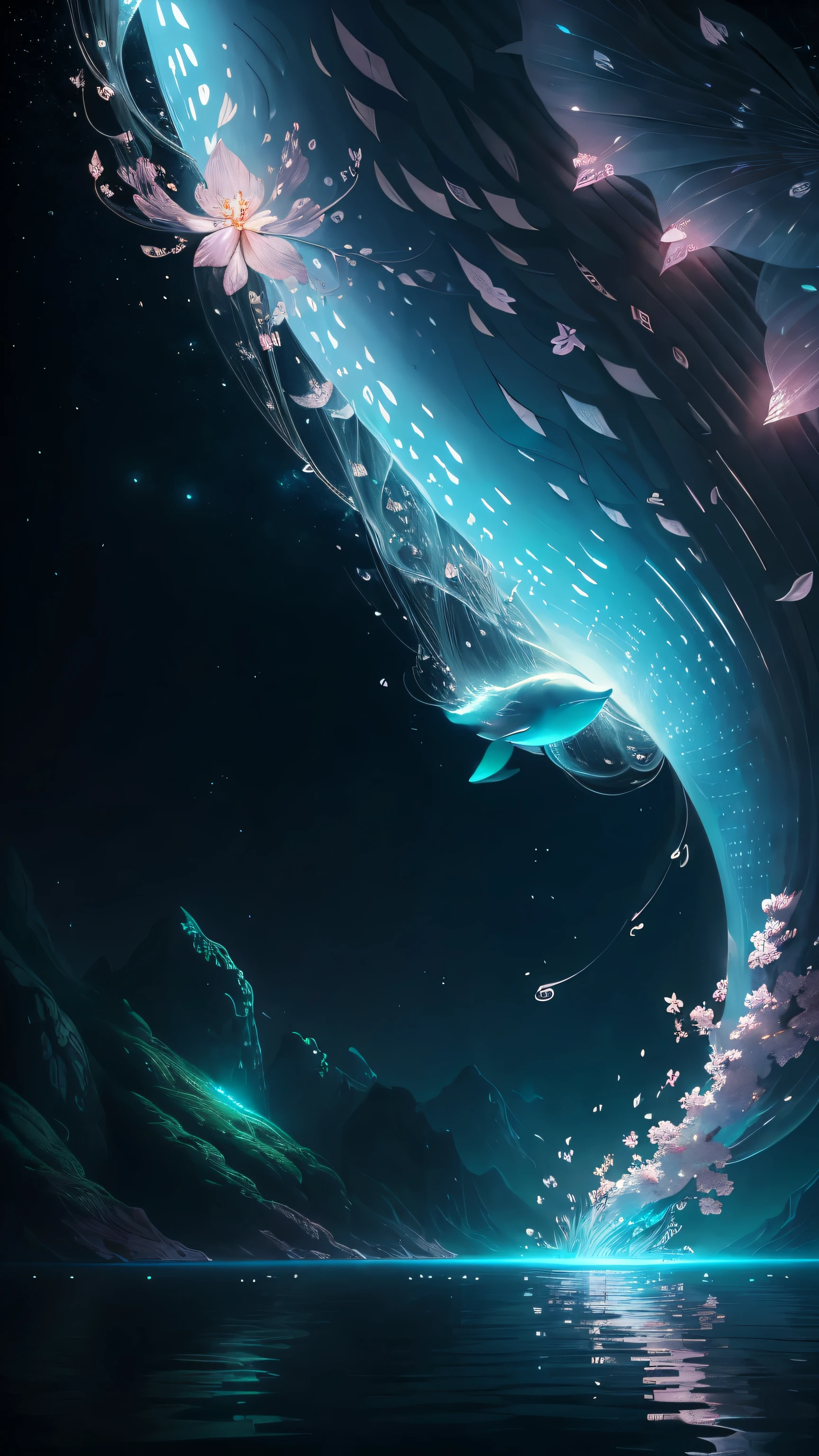 In the realm of whimsical fantasy, a majestic and translucent Whale takes to the skies, defying the very laws of nature. Its colossal form glows with a luminescent radiance, each fluid curve and wrinkle captured in exquisite detail in this high-resolution image. Cherry blossoms drift gently through the air around it, their delicate petals unfurling and cascading like rain, falling freely from the branches of ethereal trees that cling tensely to the wondrous behemoth's humongous body.

The fantasy landscape that surrounds this aerial spectacle is alive with vibrant colors, as if illuminated by