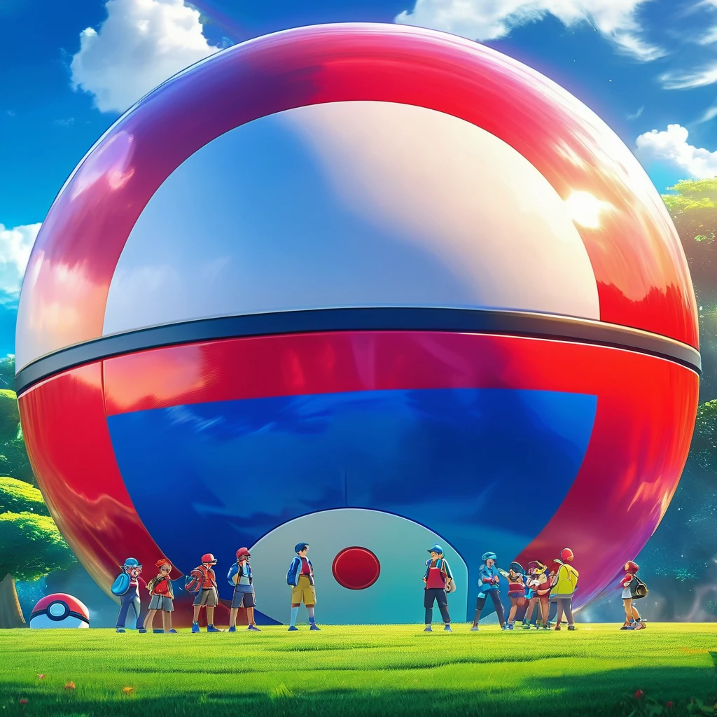 Masterpiece, digital, Pokémon GO group, banner image, cover image, multiple Pokémon, trainers, engaging in friendly activities, giant Pokéball,  two Pokémon trainers infront of giant Pokéball , giant blue flag, blue flagpole, shiny flag, inspiring, clash effects, high detail, volumetric lighting, high quality, epic, vibrant tones