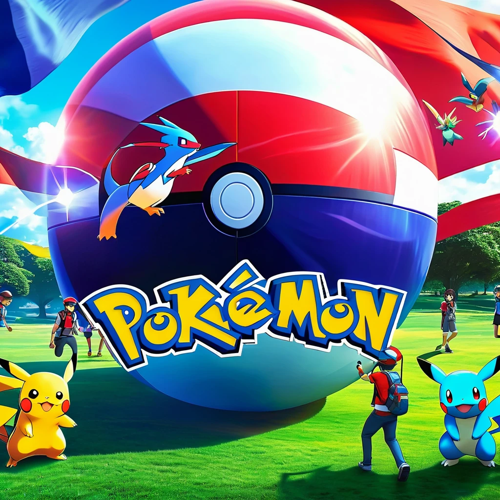Masterpiece, digital, Pokémon GO group, banner image, cover image, multiple Pokémon, trainers, engaging in friendly activities, giant Pokéball, two Pokémon trainers infront of giant Pokéball , giant blue flag, blue flagpole, shiny flag, inspiring, clash effects, high detail, volumetric lighting, high quality, epic, vibrant tones