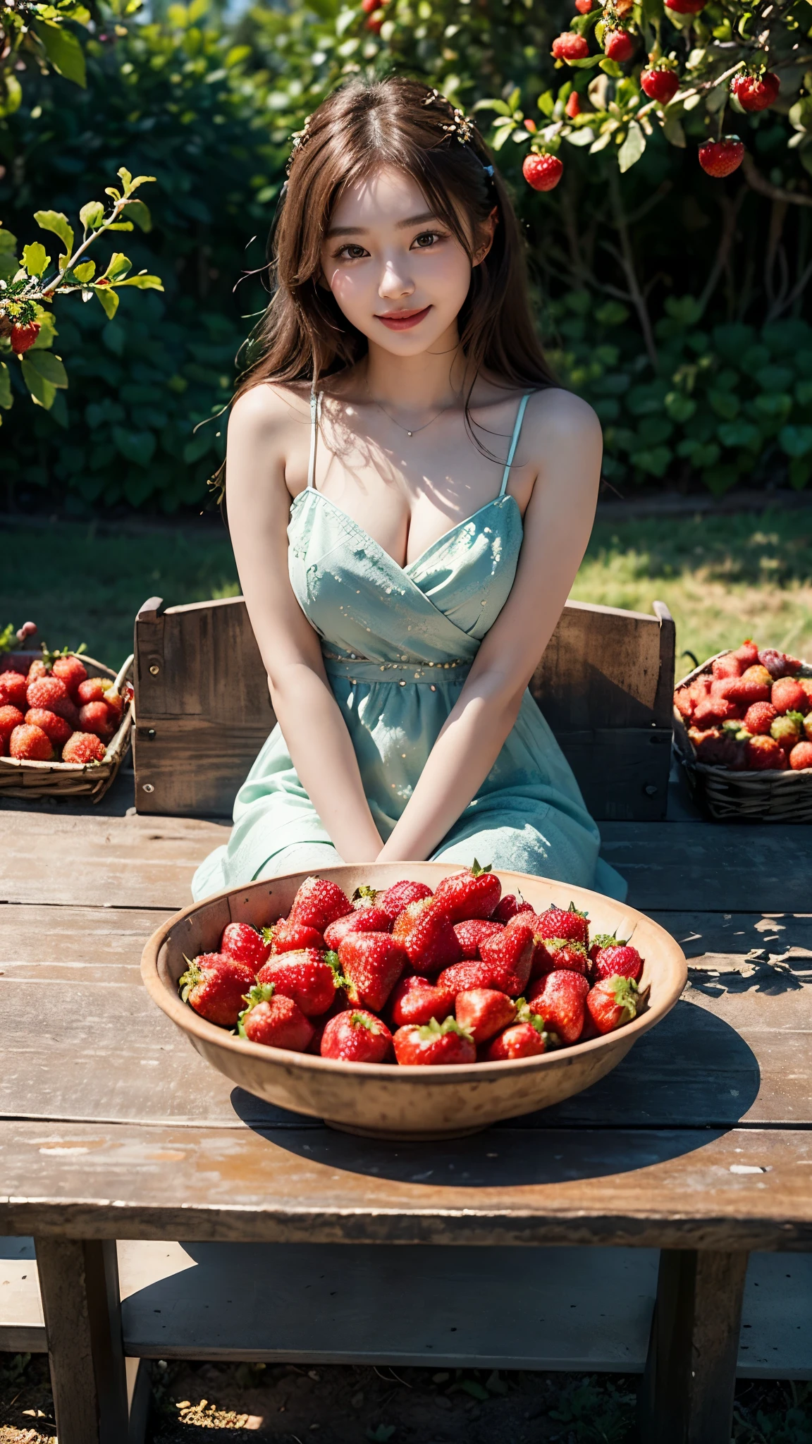 Beautiful Korean Girl, 1 Solo Girl, 20 years Girl, Beautiful Smile, ((smile: 1.2)), ((Masterpiece: 1.4)), ((Ultra HD Image quality)), ((Realistic)), 64k, Natural Human Skin, Soft skin, CG unity 8k wallpaper, ray tracing, High glow face, Superb beautiful face, High face texture, ((seafoam colour  luxury beaded Sweetheart Homecoming Dress)), ((in background clear details with strawberry plants, strawberry orchards, Strawberry big fields, strawberry agricultural land, red Colour Strawberries,)), ((daining table in front of orchards, in daining table many foods and fruits, Girl sitting in daining table for eat)), beautiful angles, beautiful nature, very calm nature, peaceful nature, peaceful strawberry orchards, High resolution pictures, ((detailed girl)), ((Detailed background)), ((Detailed Face)), ((Detailed Dress)), ((detailed strawberry orchards)), ((Detailed nature)), Young Body, ((super Round Young breasts)), Perfect Figure, Slender, ((cinematic Photography, award winning photography)), ((Full body Shot)), ((Dim day light, cool Day)), 