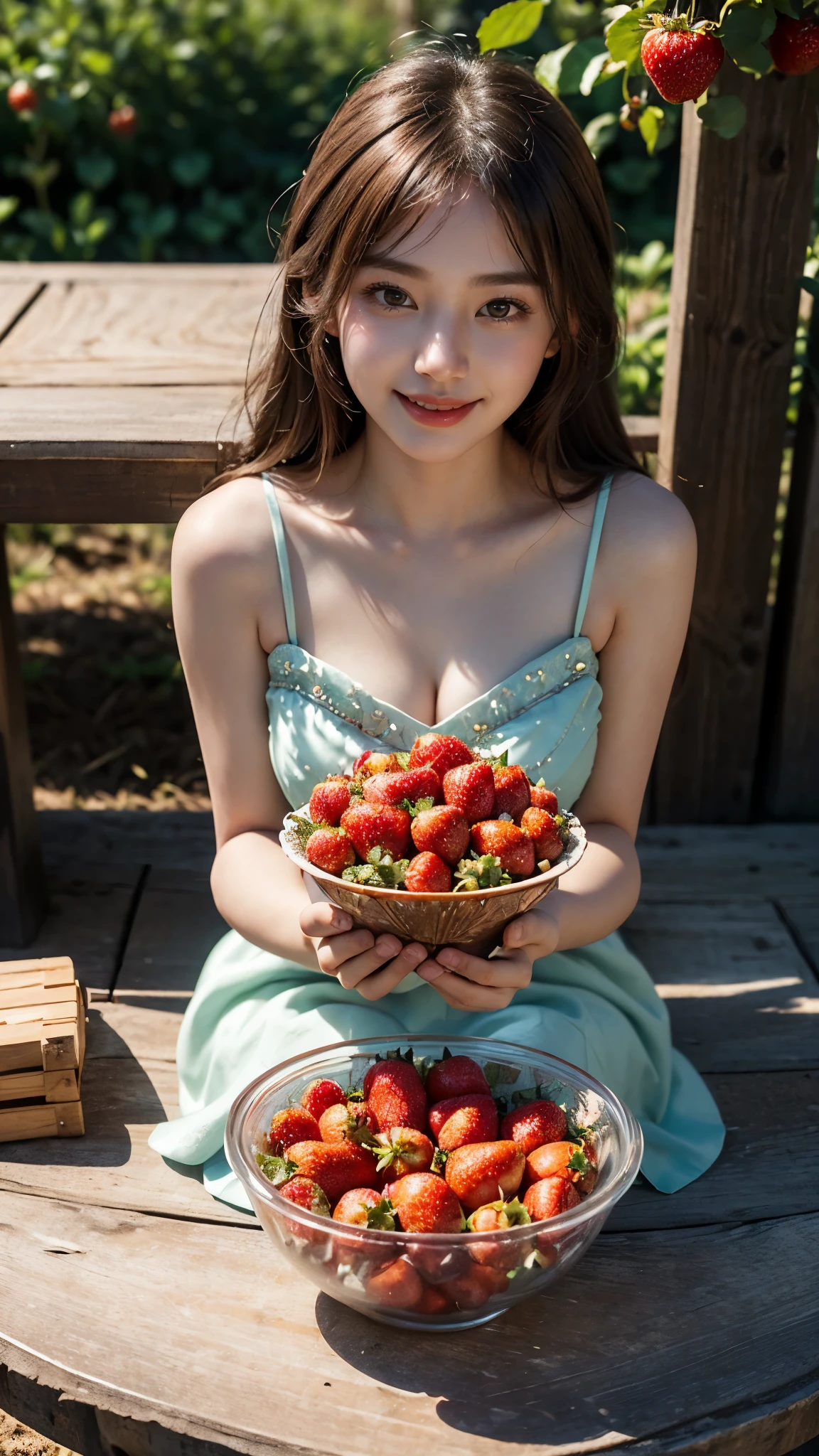 Beautiful Korean Girl, 1 Solo Girl, 20 years Girl, Beautiful Smile, ((smile: 1.2)), ((Masterpiece: 1.4)), ((Ultra HD Image quality)), ((Realistic)), 64k, Natural Human Skin, Soft skin, CG unity 8k wallpaper, ray tracing, High glow face, Superb beautiful face, High face texture, ((seafoam colour luxury beaded Sweetheart Homecoming Dress)), ((in background clear details with strawberry plants, strawberry orchards, Strawberry big fields, strawberry agricultural land, red Colour Strawberries,)), ((daining table in front of orchards, in daining table many foods and fruits, Girl sitting in daining table for eat)), beautiful angles, beautiful nature, very calm nature, peaceful nature, peaceful strawberry orchards, High resolution pictures, ((detailed girl)), ((Detailed background)), ((Detailed Face)), ((Detailed Dress)), ((detailed strawberry orchards)), ((Detailed nature)), Young Body, ((super Round Young breasts)), Perfect Figure, Slender, ((cinematic Photography, award winning photography)), ((Full body Shot)), ((Dim day light, cool Day)),