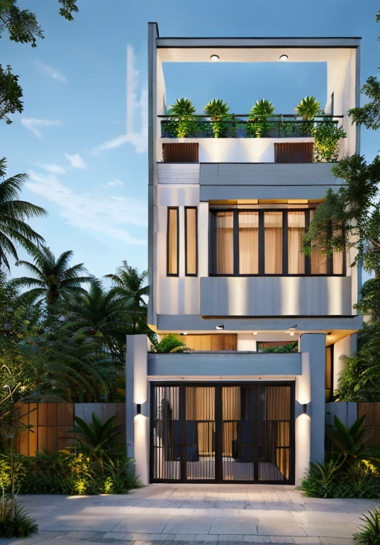 RAW photo,Masterpiece, high quality, best quality, authentic, super detail, townhouse, modern house with (tile wall:1.2), glass windows, (wooden ceiling:1.1), railing glass, gate, fence, (curve:1.1),tropical trees, day, beautifu sky, (high detailed :1.2), 8k uhd, dslr, soft lighting, high quality, film grain, Fujifilm XT3