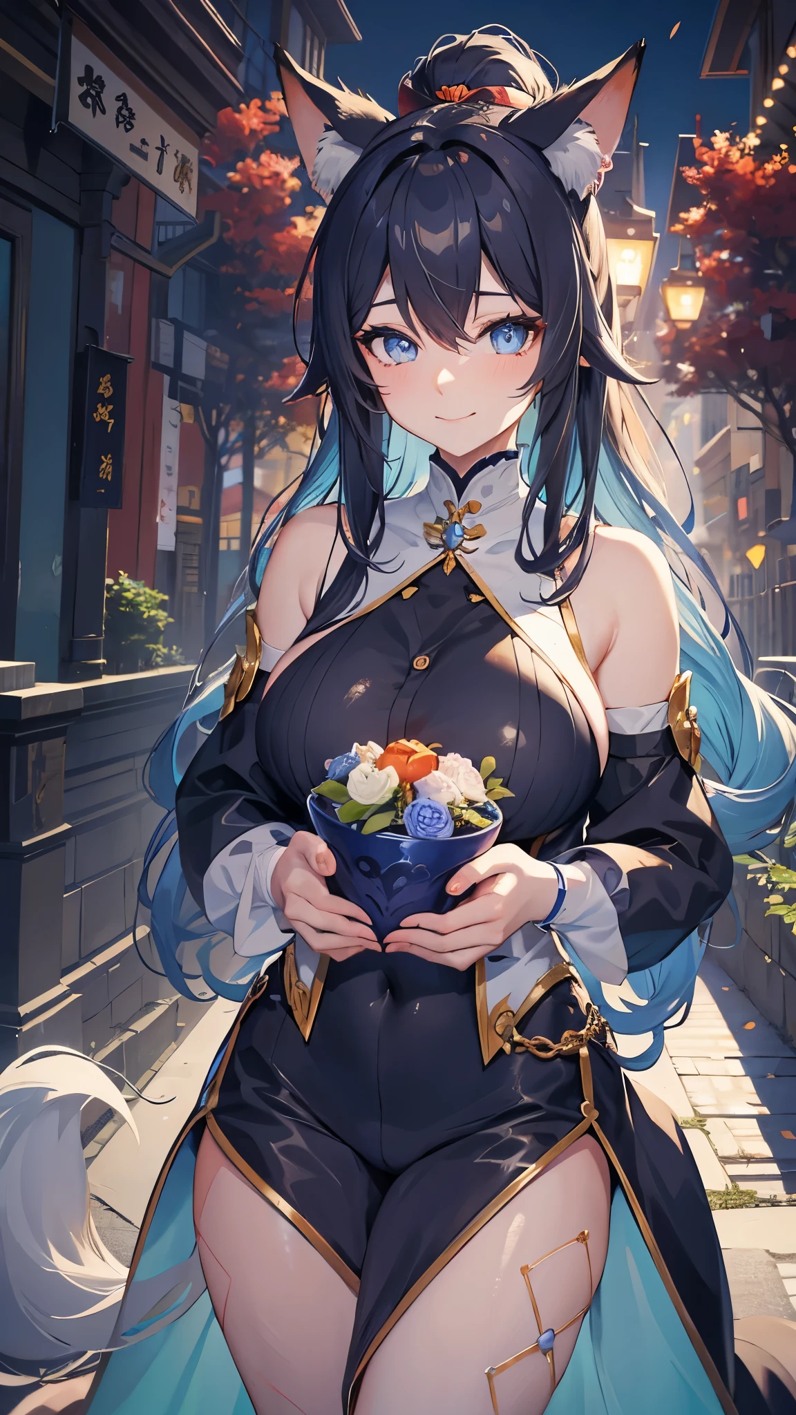 She is doing a heart hands pose, Beautifull blue eye with Heart-shaped pupils,Youkai fox, nine tails, animal ears, fox ears,"long orange fox ears with black tips", covering ears, kemonomimi mode, seductive smile,tail emanating(9 tails fox),((huge tits)) , large hips,fully clothed, no nswf,