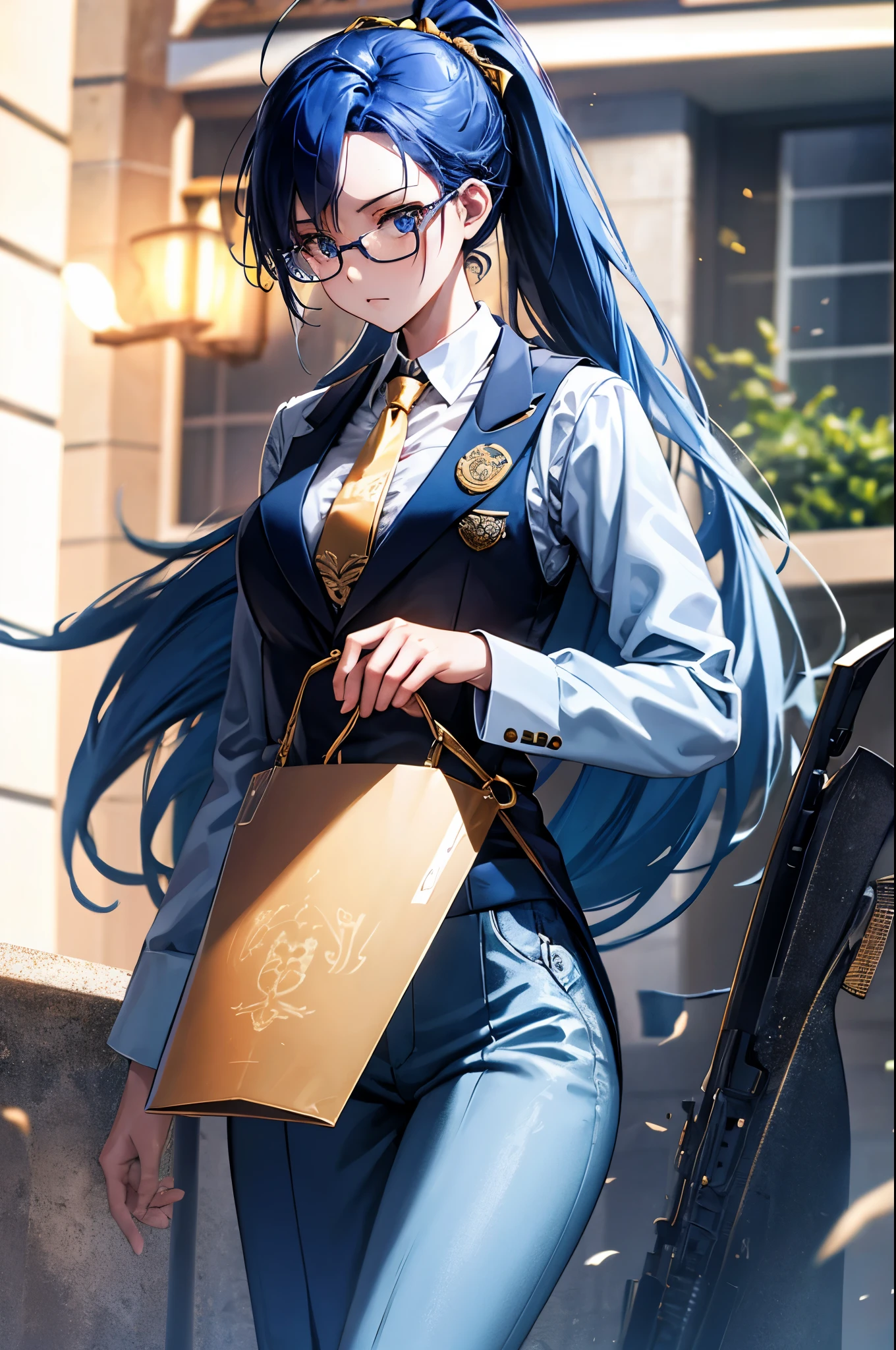 female detective, rod, single glasses, vest, overcoat, blue hair, tie, chilling, formal suit, best quality anime 16k wallpaper quality, extreme eye and body detail, high resolution , masterpieces, ultra lighting, starlight, close-up, creative, scale up, grace, short ponytail, see-through clothes, perfect body shape, gold accesory, long range