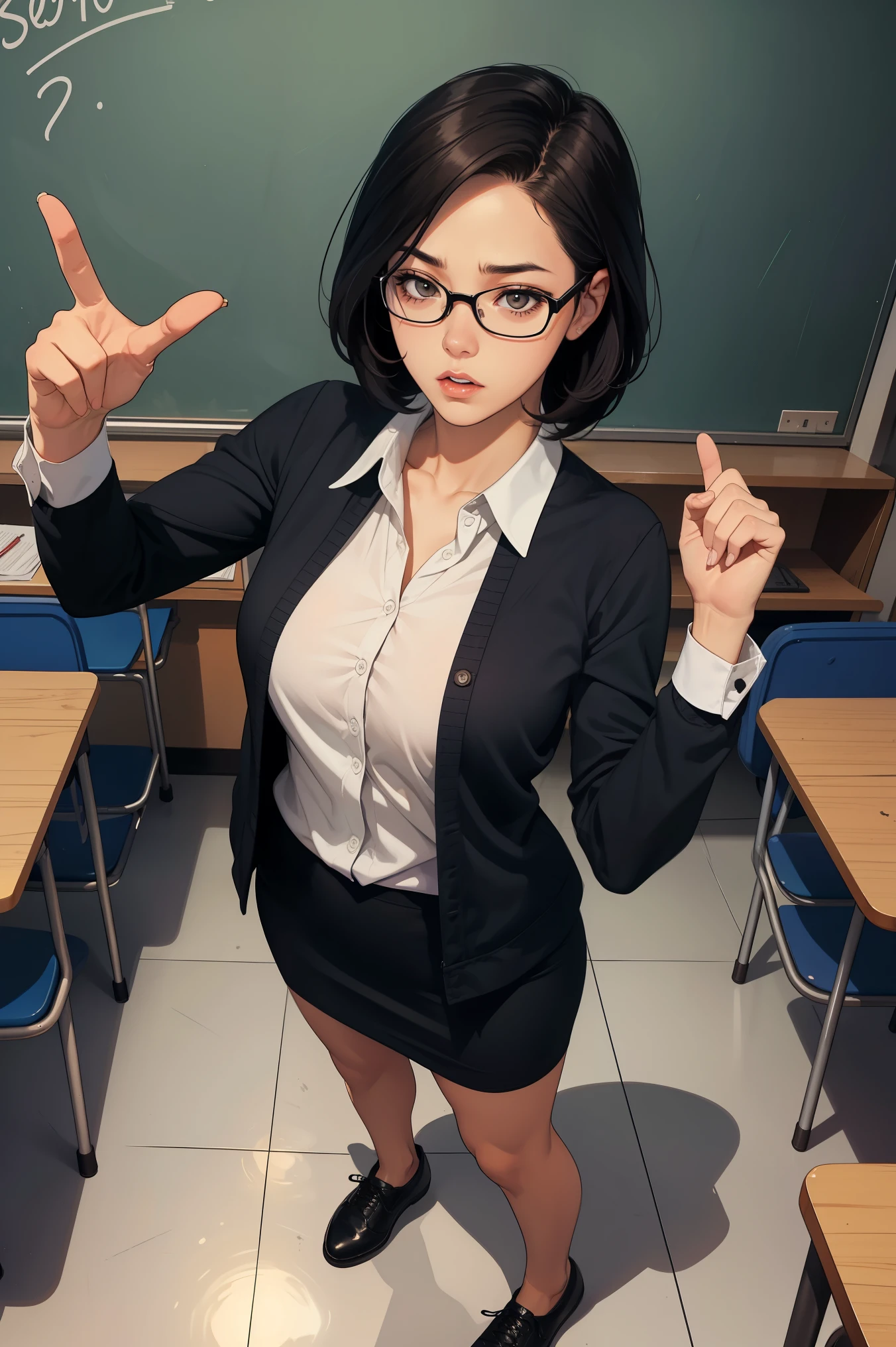 1 girl, brown short hair, glasses, huge breast, wearing long sleeve white shirt, pencil black skirt, black shoes, angry, mad, dissapointed, pointing to the viewer, standing inside the classroom, 