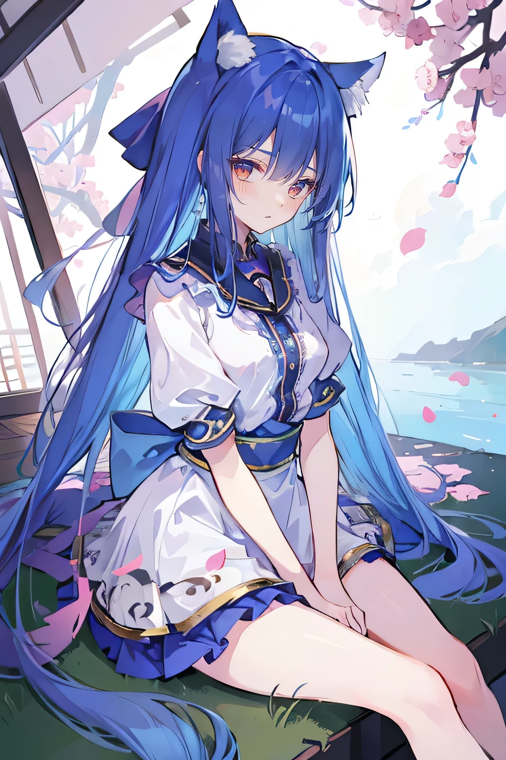 (masterpiece:1.2),Super detailed,Practical,expressive eyes,Fair skin,Perfect face shaping,1 Girl,
Japanese cartoons,Gorgeous blue hair, the long flowing blue hair,Floating clothes,Cat ears,Petals falling,beautiful lola,Young Angel,
Hands on waist,sit elegantly on the ground,Cross your legs,Gentle and peaceful background,Cool and cozy pavilion.