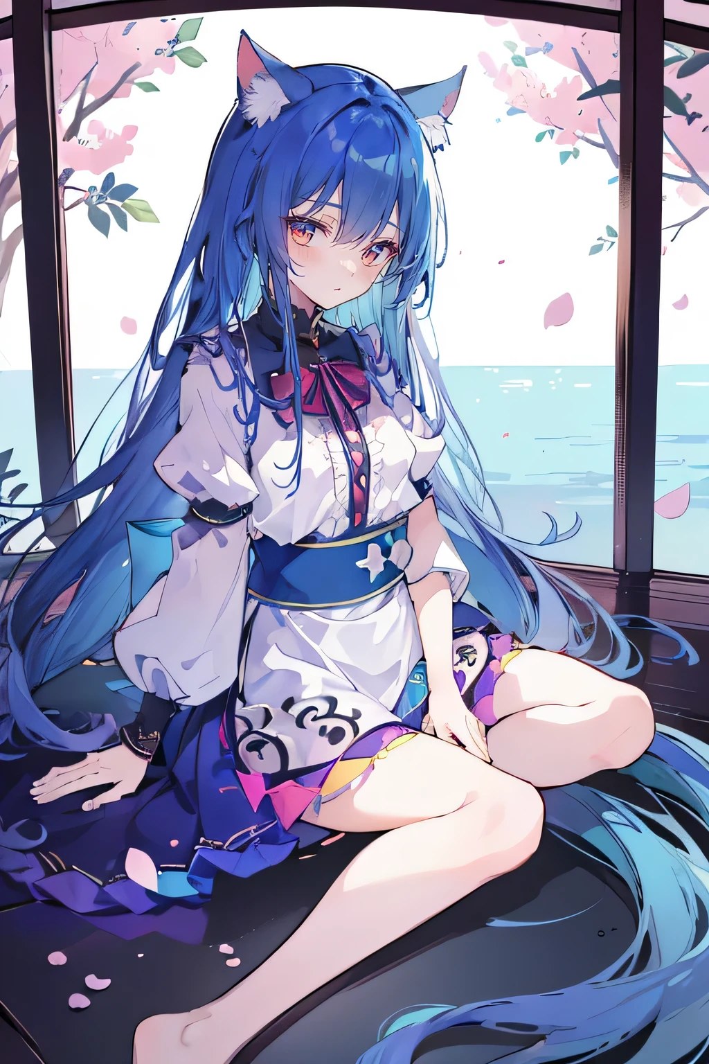 (masterpiece:1.2),Super detailed,Practical,expressive eyes,Fair skin,Perfect face shaping,1 Girl,
Japanese cartoons,Gorgeous blue hair, the long flowing blue hair,Floating clothes,Cat ears,Petals falling,beautiful lola,Young Angel,
Hands on waist,sit elegantly on the ground,Cross your legs,Gentle and peaceful background,Cool and cozy pavilion.