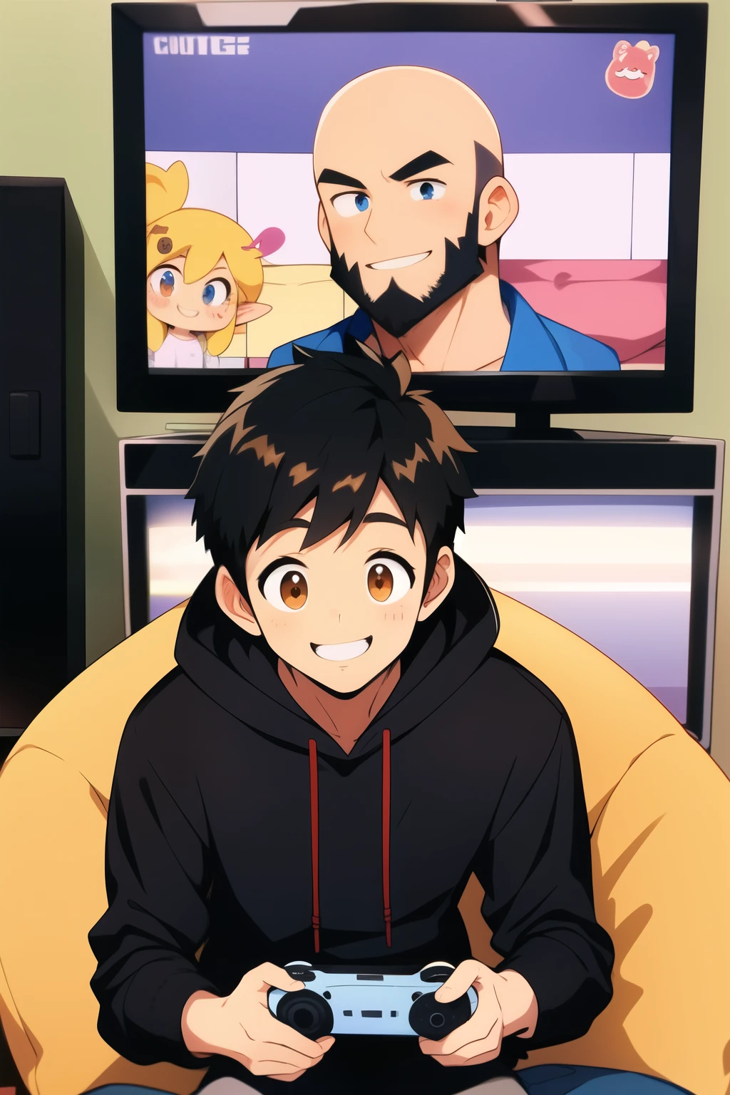 bald guy with long black goatee beard 、Smaller face a small nose、big brown eye、small ears、guy in in his late 20s with his dougter cute face long black hair and big smile、sitting on in his modern big room waring a black hoody playing retro games on a big tv