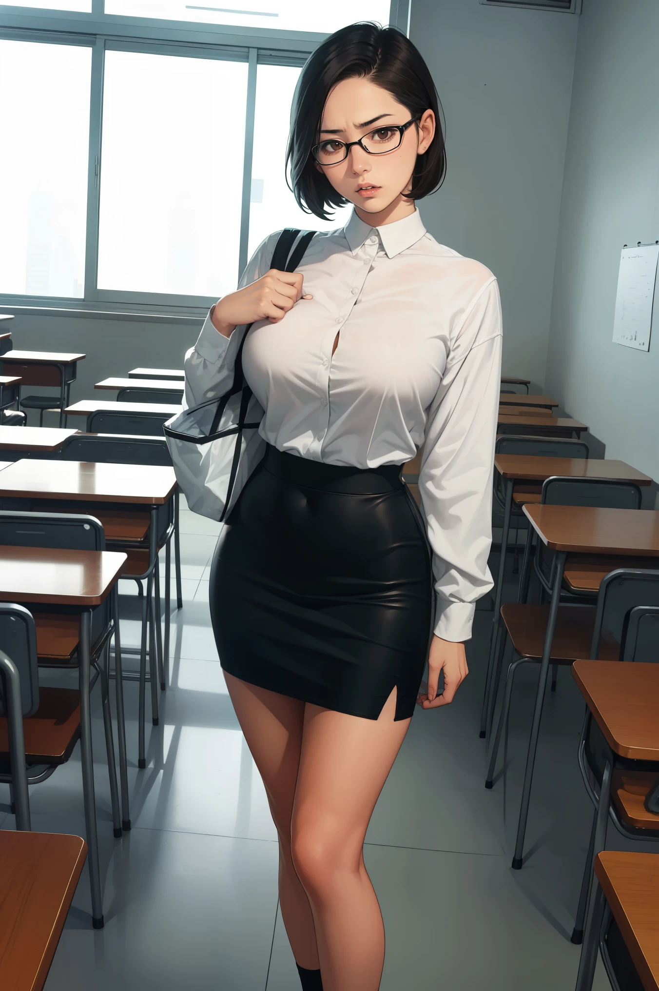 1 girl, brown short hair, glasses, huge breast, wearing long sleeve white shirt, pencil black skirt, black shoes, angry, mad, dissapointed, pointing to the viewer, standing inside the classroom, 