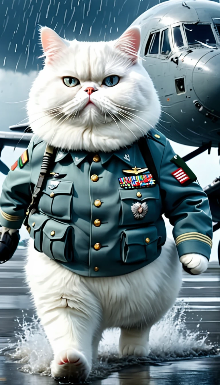 A fat white cat with an army uniform, with a frown on his face, walks down from a military plane, the sky is raining, the water is dirty, the thunder is heavy, 8k