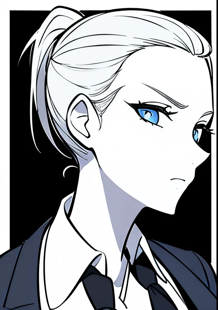 One Young Adult female, pale blonde slicked back into a short ponytail with a single bang on the left hand side, steel blue eyes, light and carefree expression, wearing black suit jacket and tie, portrait style, facing forwards