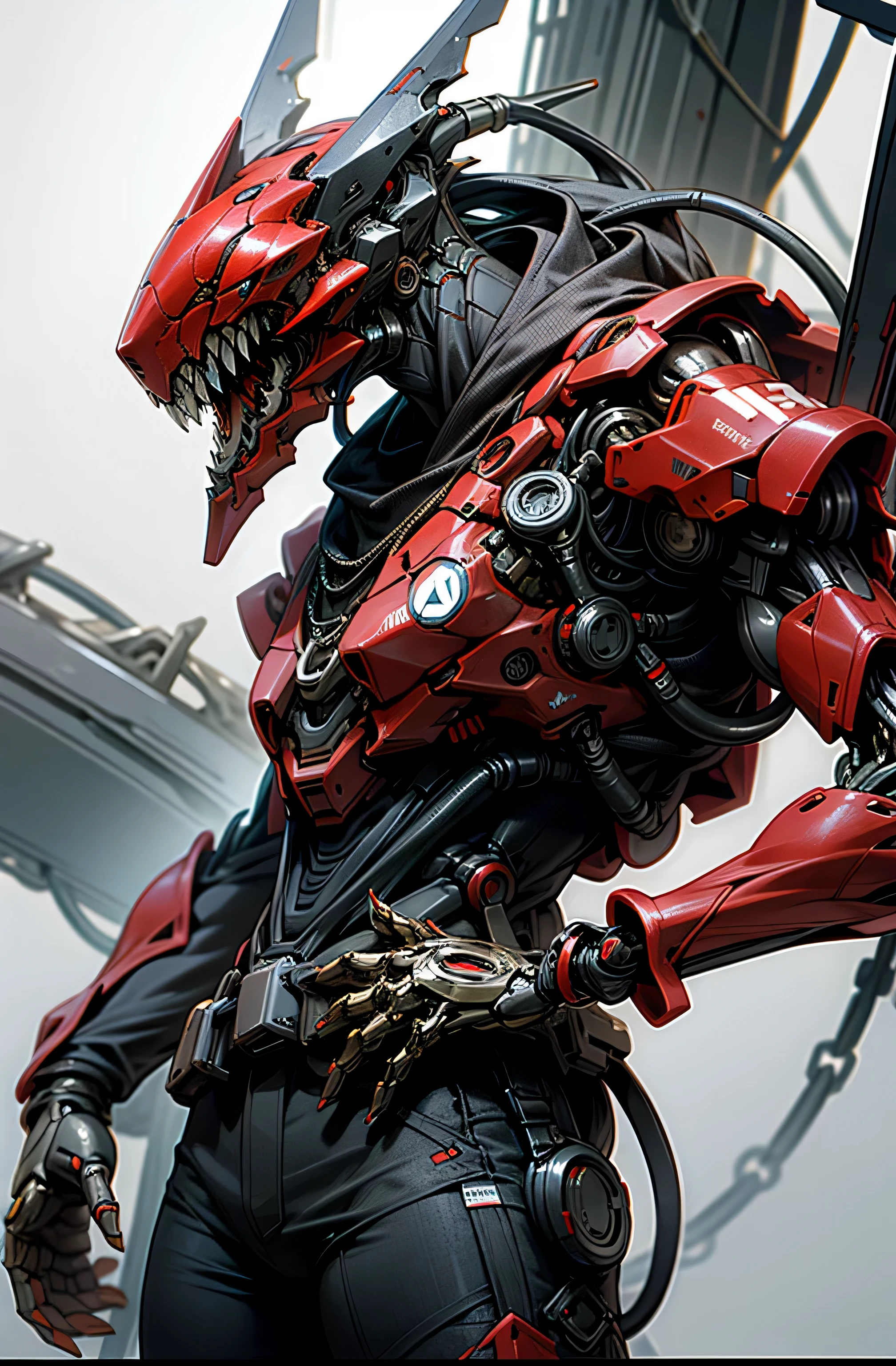 Dark_Fantasy,Cyberpunk,(chain saw,chain saw man,Red:1.1),1man,Mechanical marvel,Robotic presence,Cybernetic mecha guardian, Xenomorph head