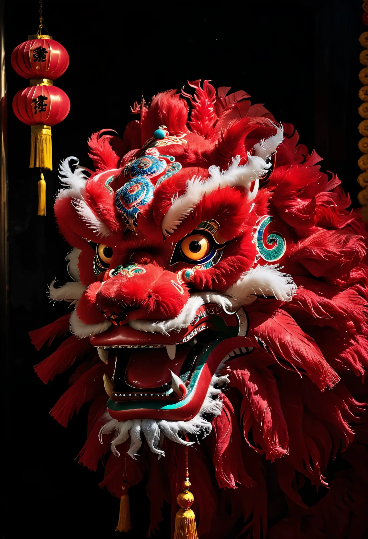 (best quality, masterpiece:1.2), ultra-detailed, Chinese lion dance lion head statue on table, (Lion dance lion head:1.8), Red and white furry, Red pompom decoration, pigment, exquisitely crafted, red gemstone eyes, blue gemstone forehead decoration, ornate and luxurious lion head artwork, Chinese elements, traditional culture, traditional craftsmanship, beautifully handcrafted, regal and majestic, sparkling gemstones, lifelike details, vibrant colors, shiny polished surface, decorative piece, East Asian heritage, Cultural heritage, antique, bronze sculpture, symbol of power and strength, traditional lion dance, eye-catching centerpiece, intricate design, authentic representation, impressive craftsmanship., 4k, 8k, highres,1 unicorn,Metal lion dance head,Miracle Lights,