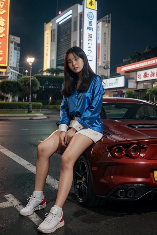 Seorang cewe Taiwan usia 28 tahun cantik putih mulus langsing sedang  jongkok di depan Mobil Ferrari merah,Memakai Setelan jas warna Emas dengan Memakai Sepatu Panthople hitam, berambut Pirang, dengan Seorang Cewe usia 25 tahun sedang bersama y,Di Bawah y Ada Tulisan *Alexander Criville Creator* dengan Ejaan bahasa Indonesia yg benar, tampak bagian bawah mobil terangnoleh Neon box Blue Light,dengan mesin on,lampu LED utama depan menyala terang, Fotography view Real Human HD 32K hyper Realistik 