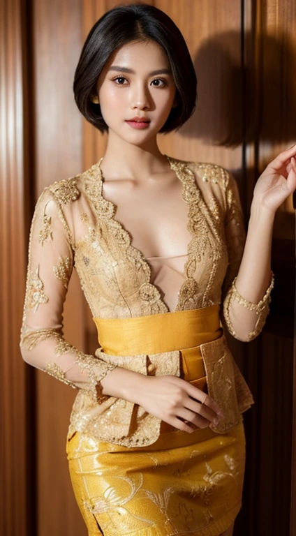 1 Indonesian girl, 25 years old, short fashion hair, slim body, small cleavage, skintight beige lace kebaya, batik skirt, masterpiece, highly detailed, ultra hd, 8k, detailed face, bright eyes, perfect eyes, detailed skin texture, detailed lips, sexy lips, perfect hands, dynamic poses, dynamic angle