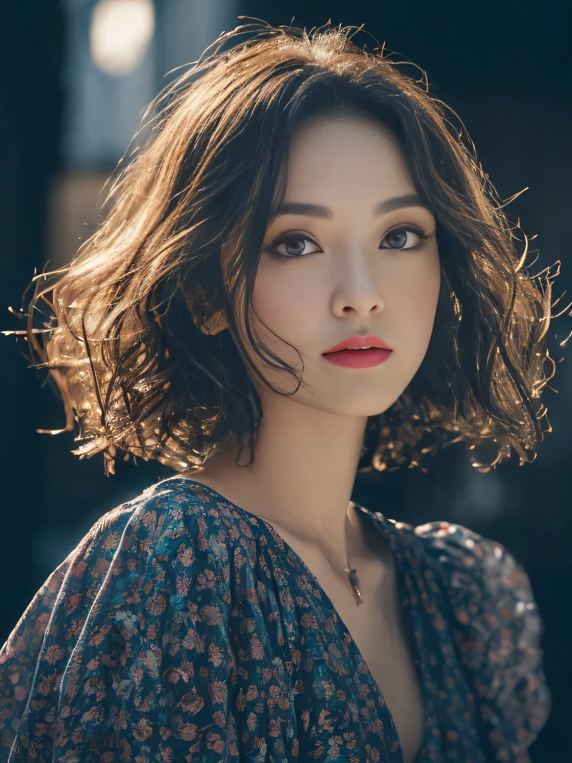 (8k, RAW Photos, Realistic:1.25) ,( Lip gloss,Glossy finish, Glowing Skin, highest quality, 超A high resolution, chromatic aberration, Caustics, Wide Light, Natural Shadows) She looks at the audience silently., An expression of goddess-like bliss.,(Written boundary depth:1.6),Very natural makeup,Big eyes.Look Down. There's a faraway look in her eyes、(Chic and classy dresses)(Stylish like a professional model)、Radio City、Medium Hair、((Manhattan, new york:1.2))