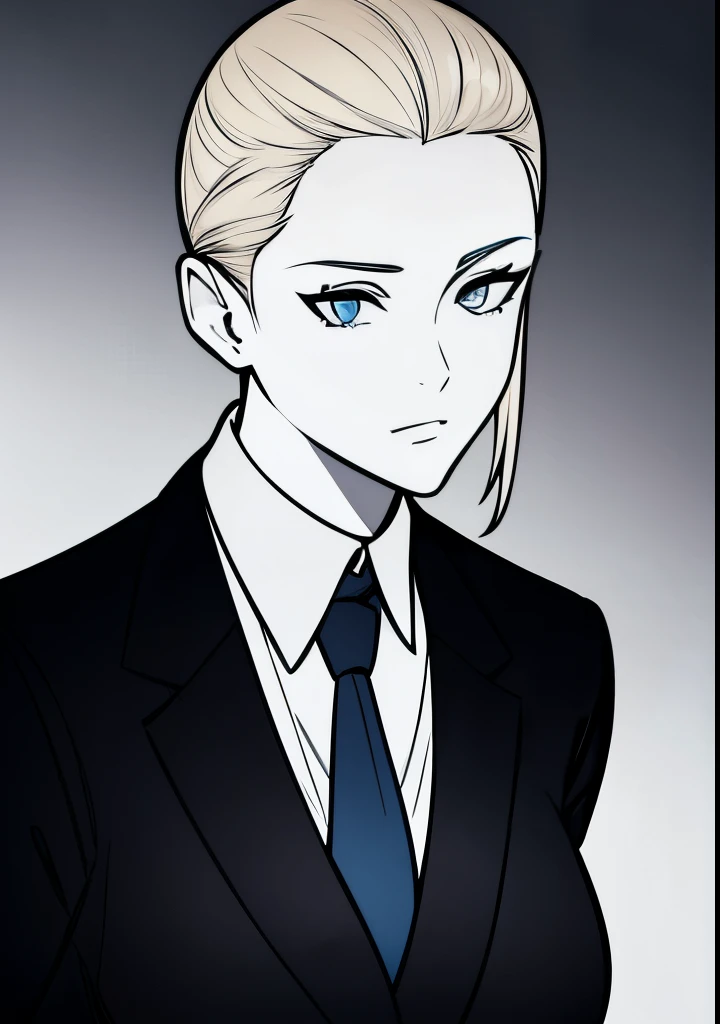 One Young Adult female, pale blonde slicked back into a short ponytail with a single bang on the left hand side, steel blue eyes, light and carefree expression, wearing black suit jacket and tie, portrait style, facing forwards