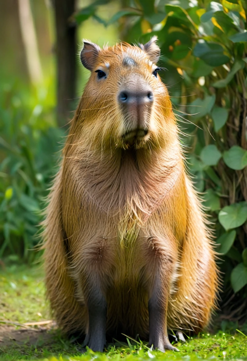 A Capybara, (best quality, realistic:1.2),peaceful,capybara,capybara in a grassy field,brown furry capybara,brown fur,big round eyes, soft lighting,gentle shadows,sitting quietly relaxed,capybara sitting, nature animals,grassy field,green grass,bright sunny warm, realistic detailed artwork,detailed fur texture,high-res image,capturing every strand of fur, peaceful atmosphere,tranquil scene,serene, soft and calming colors,earth tones,brown and green color palette, blissful expression,content and at ease,capybara's relaxed posture, nature-inspired lighting effect,subtle sunlight filtering through the trees, immersive artwork,feeling as if you can reach out and touch the capybara's fur.