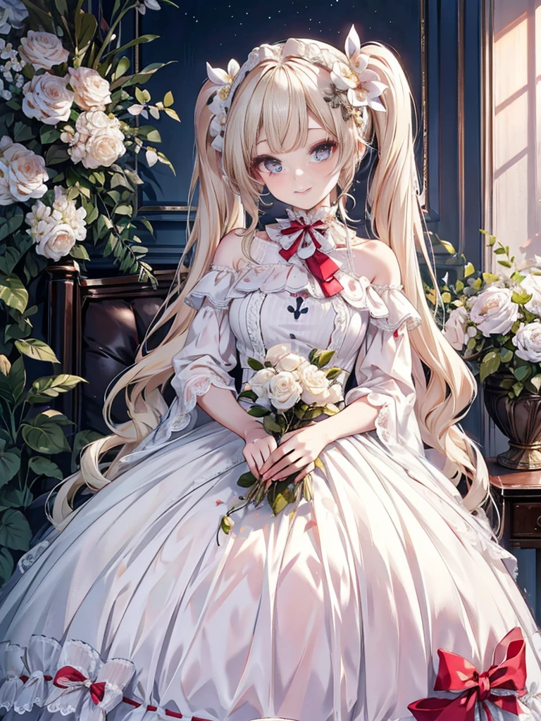 masterpiece, highest quality, High resolution, SA1, Floral off-shoulder dress, Sparkling eyes, False eyelashes，kind smile, Platinum blonde twin tails, Mature atmosphere, Rose,