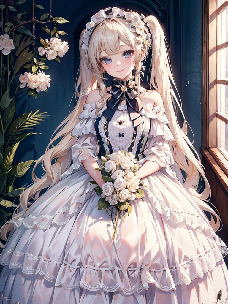 masterpiece, highest quality, High resolution, SA1, Floral off-shoulder dress, Sparkling eyes, False eyelashes,kind smile, Platinum blonde twin tails, Mature atmosphere, Rose,