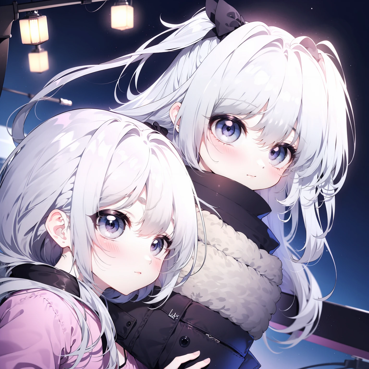 White Hair，Girl，KHD，4K，Expressionless face，Anime Style，profile，Night sky background, Casual Fashion, ((Three white eyes)),soro,1girl,Best quality,