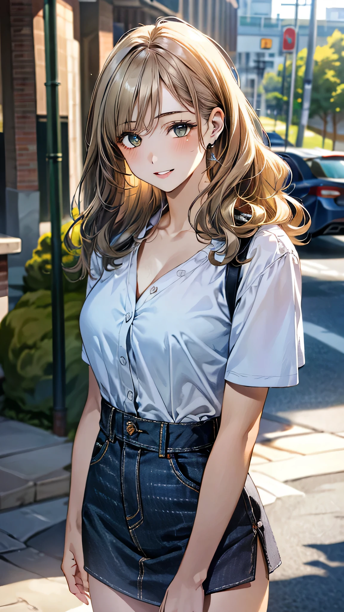 (masterpiece:1.3, top-quality, ultra high resolution, ultra detailed), (realistic, photorealistic:1.4), beautiful illustration, perfect lighting, natural lighting, depth of fields,
beautiful detailed hair, beautiful detailed face, beautiful detailed eyes, beautiful clavicle, beautiful body, beautiful chest, beautiful thigh, beautiful legs, beautiful hands,
looking at viewer, 1 girl, high school girl, (perfect anatomy, anatomically correct), cute and symmetrical face, babyface, perfect face, perfect eyes, shiny skin,
(middle hair:1.8, wavy hair, (blond hair)), asymmetrical bangs, dark green eyes, long eye lasher, (large breasts, juicy thighs, attractive thighs),
(blue gray hoodle, black denim skirt),
(beautiful scenery), evening, (outdoors), standing, (lovely smile, upper eyes, parted lips),