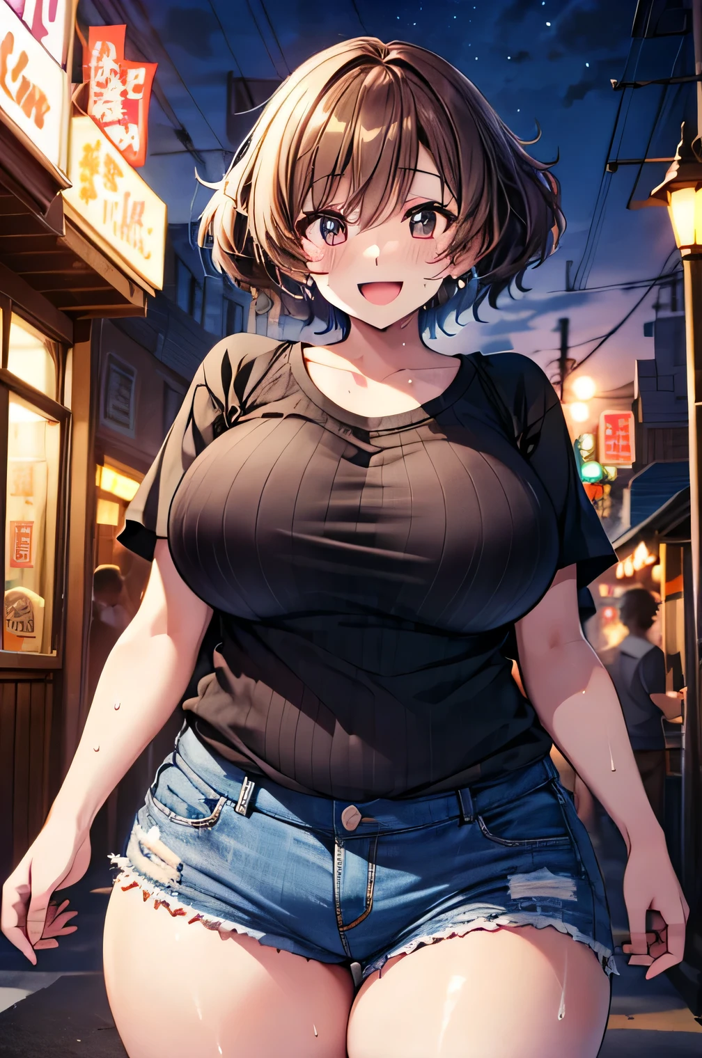 Anime illustration、highest quality、A short and plump high school girl、Country town main street、Summer Night Festival、Date、Short T-shirt、hot pants、Perfect proportions、overwhelmingly big breasts、Thick legs、Beautiful, shining eyes、Cowboy Shot、smile、Excessive sweating、Noise Reduction