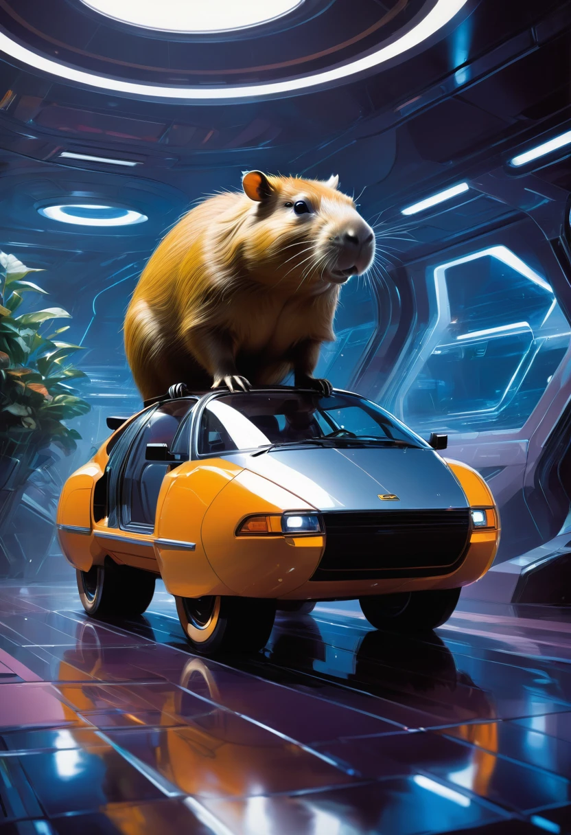 a capybara, by Syd Mead, best quality, masterpiece, very aesthetic, perfect composition, intricate details, ultra-detailed