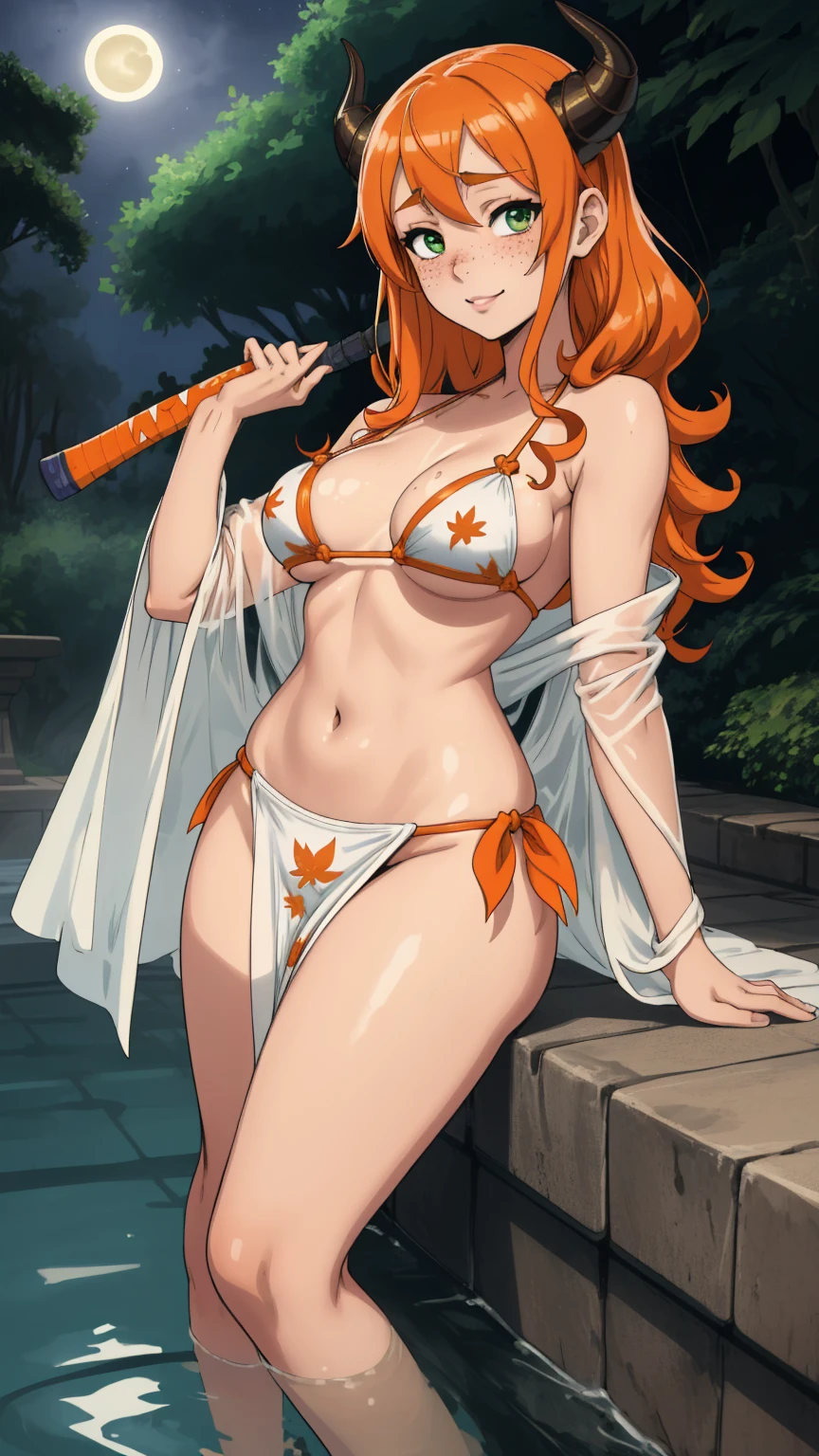 woman, decorated horns, long robes, fog, long curly hair, freckles, solo, masterpiece, reflective, depth of field, caustics, night, forest, leaves, moonlight, eyes, orange hair, green eyes, vines anime girl in bikini in a pool with a tennis racket, is wearing a roupa de banho, roupa de banho, realistic bikini, roupa de banho, Shikamimi, in bikini, Kantai Collection Style, Traje: bikini, Garota sedutora de anime, , in bikini, vestido in bikini, ao lado de uma piscina, sorriso provocador, haruno sakura